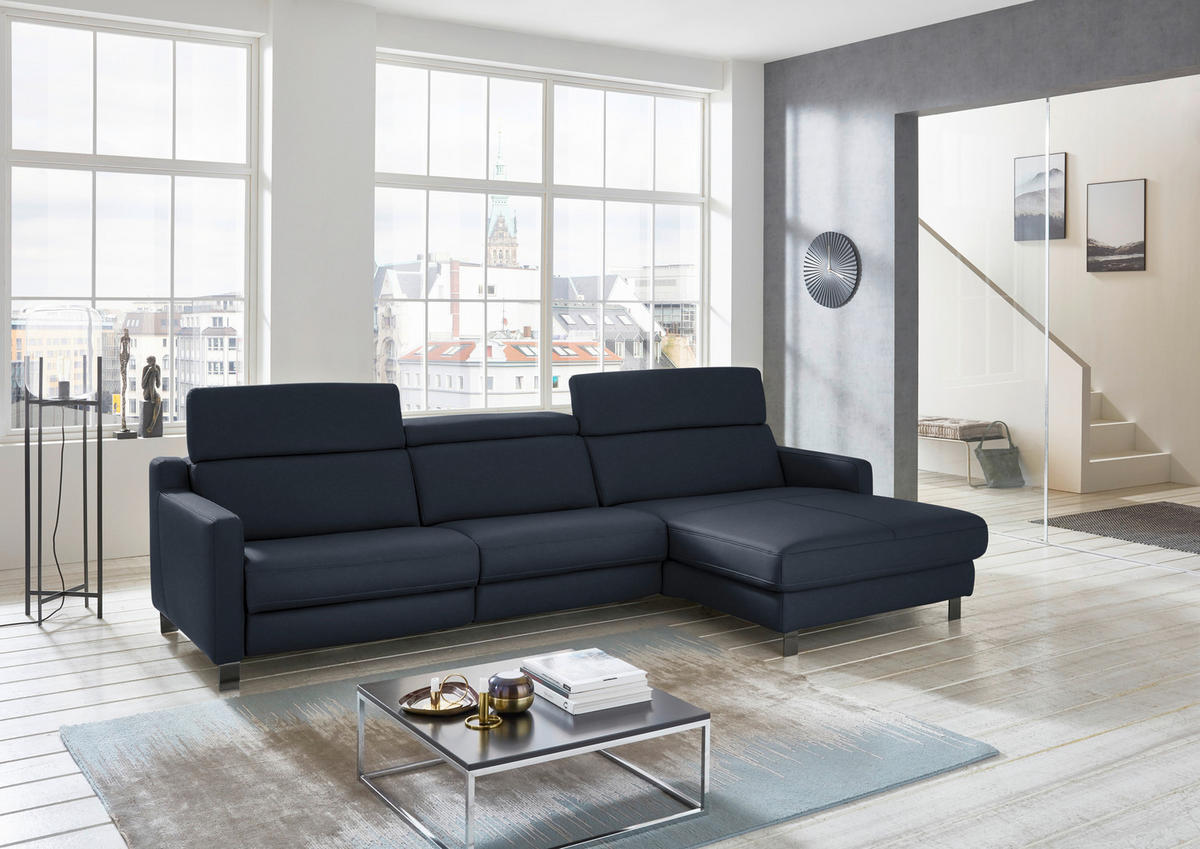 ECKSOFA in Echtleder Dunkelblau  - Schwarz/Dunkelblau, Design, Leder/Metall (291/176cm) - Valdera