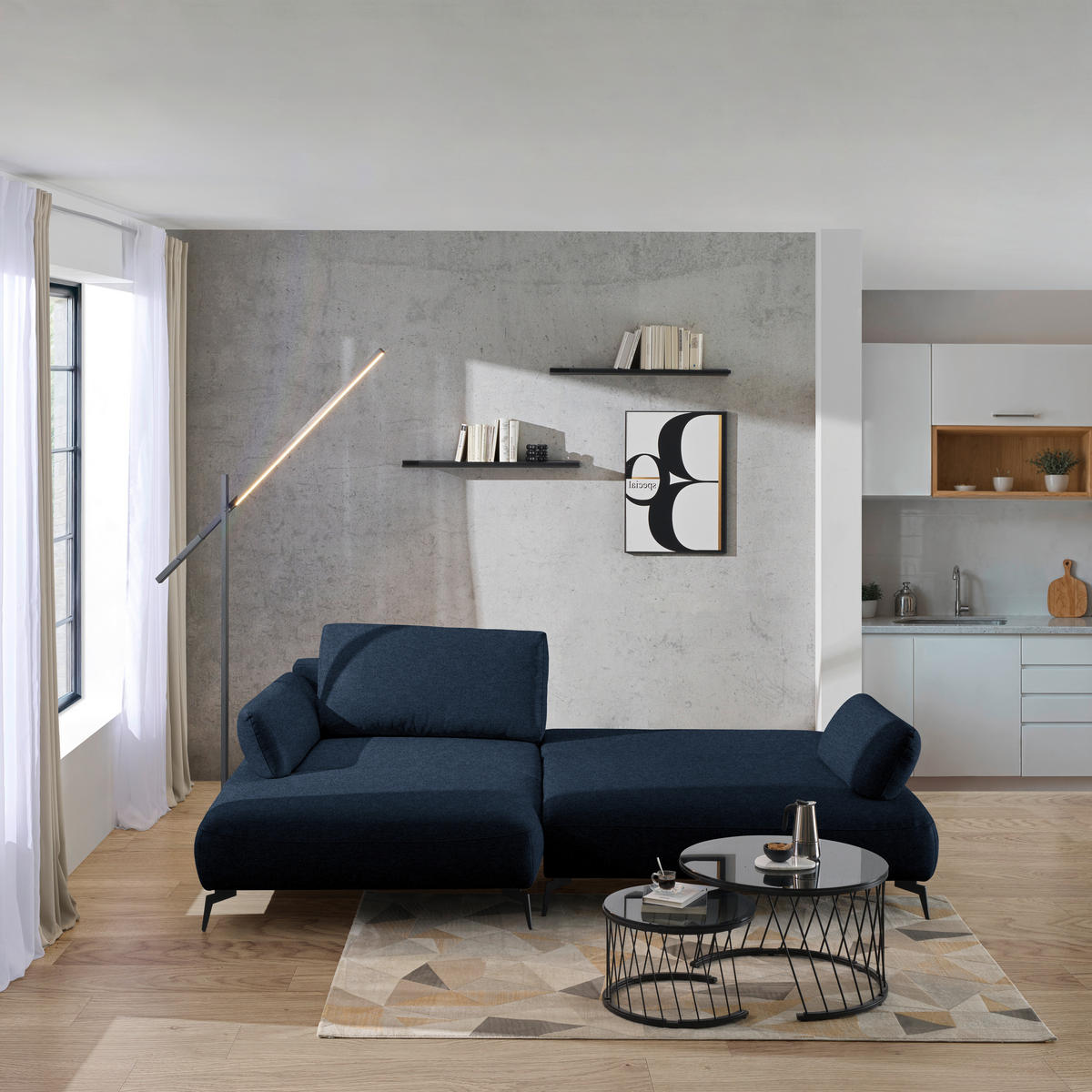 ECKSOFA Struktur Dunkelblau  - Schwarz/Dunkelblau, Design, Textil/Metall (186/284cm) - Lomoco