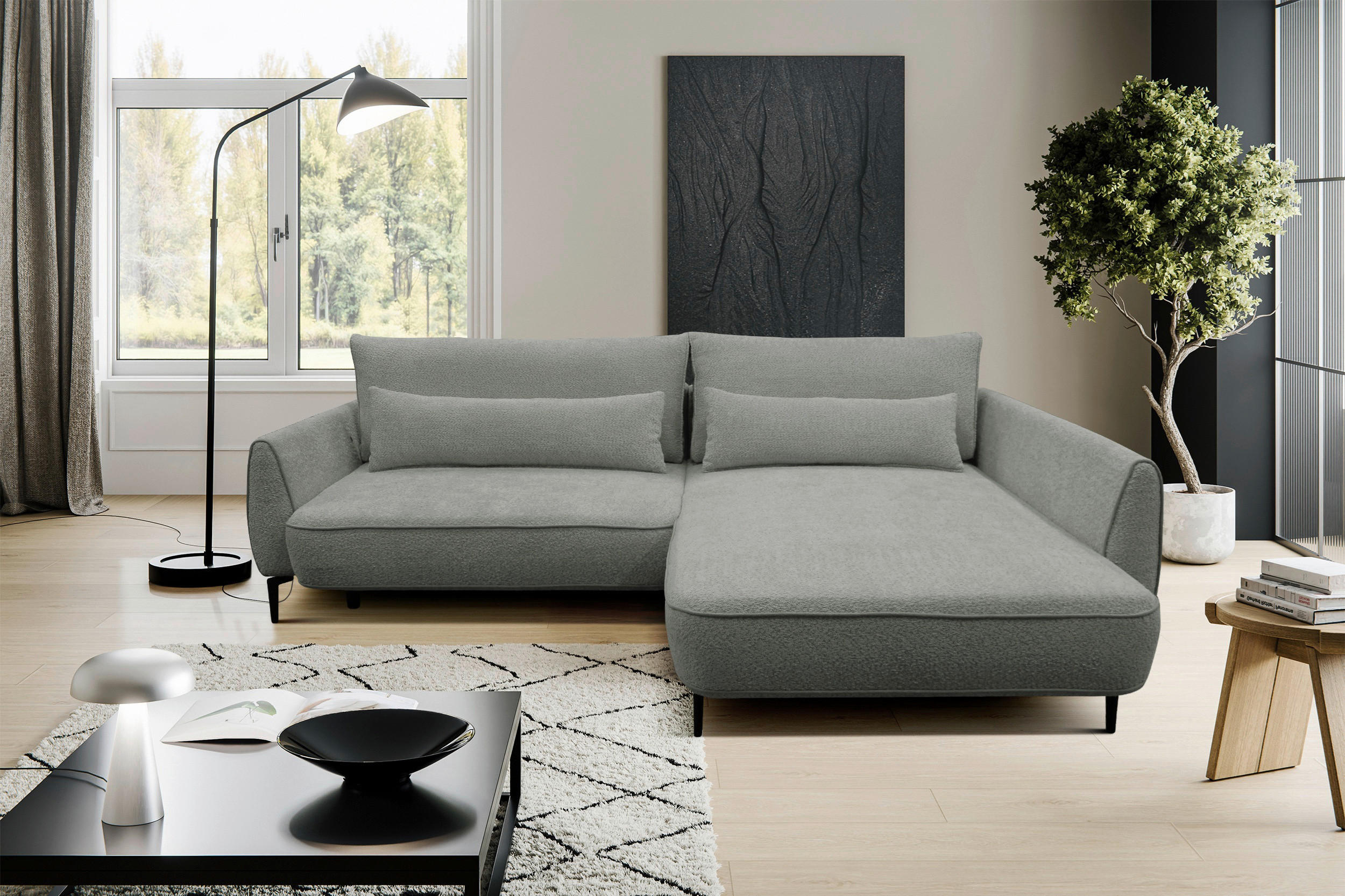 ECKSOFA Grau Bouclé  - Creme/Schwarz, Design, Textil/Metall (273/204cm) - MID.YOU