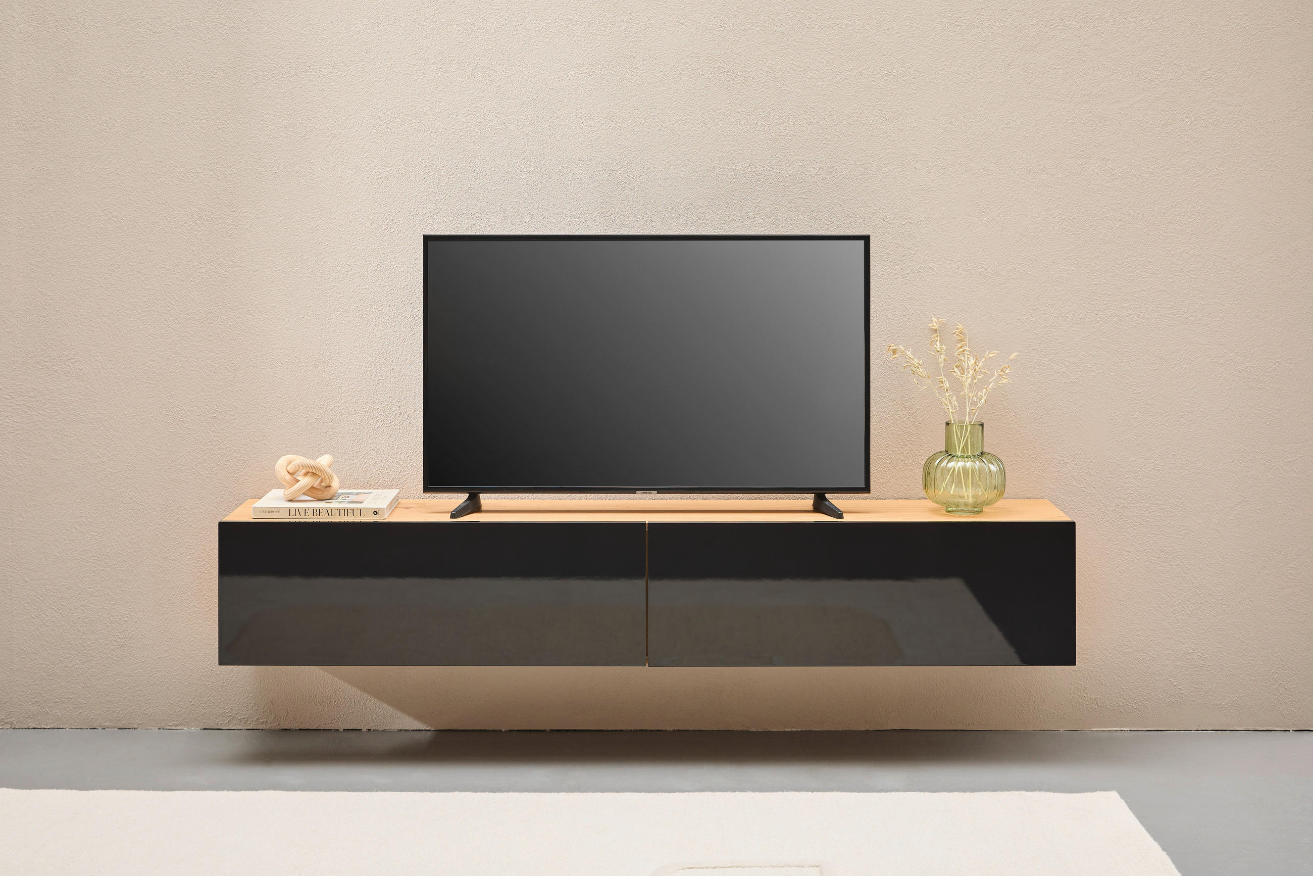 LOWBOARD  in  - Schwarz Hochglanz/Naturfarben, Design, Holz/Holzwerkstoff (180/33/30cm) - MID.YOU