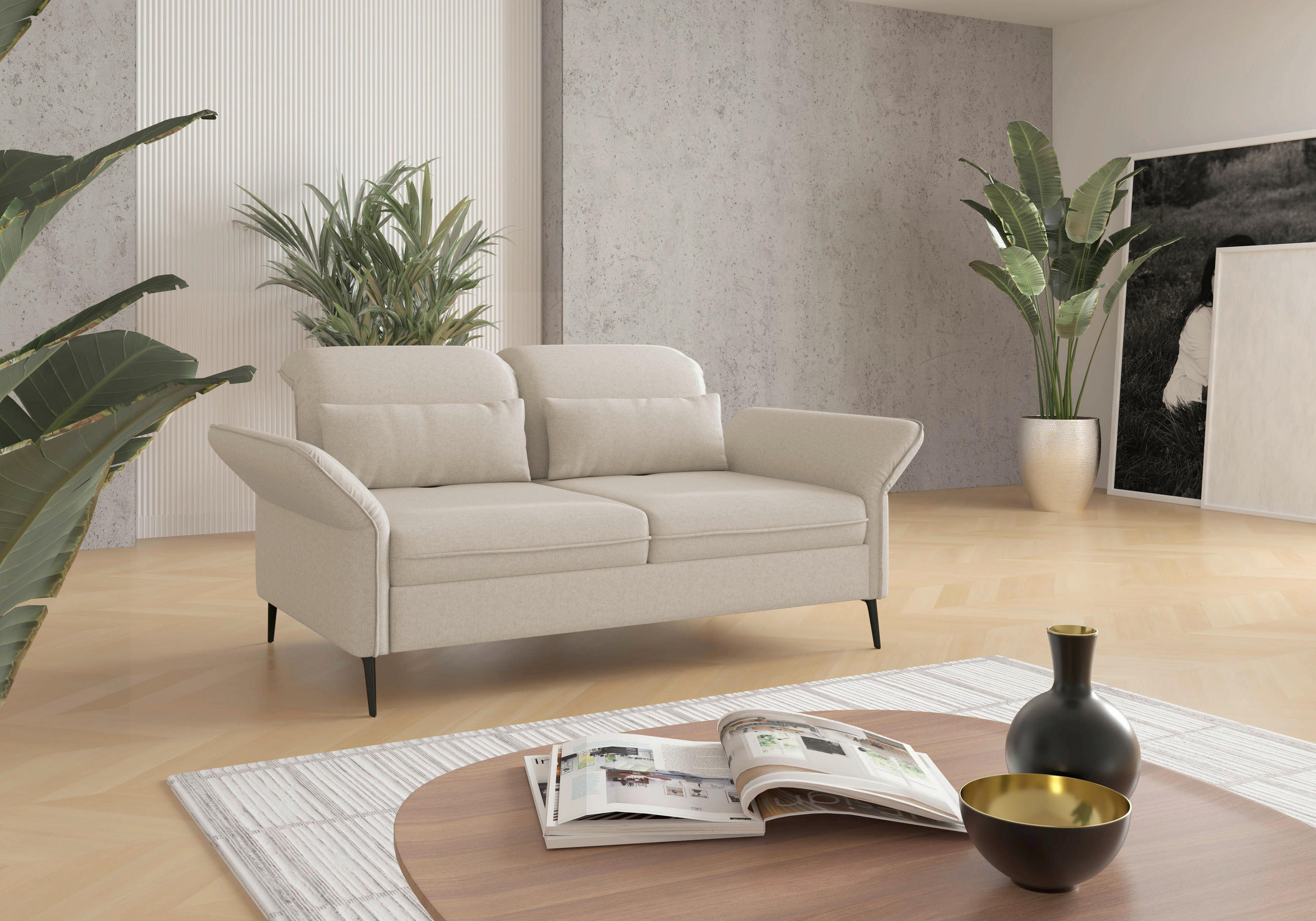 2,5-SITZER Flachgewebe Creme  - Creme/Schwarz, KONVENTIONELL, Textil/Metall (189/92/123cm) - Sit & More