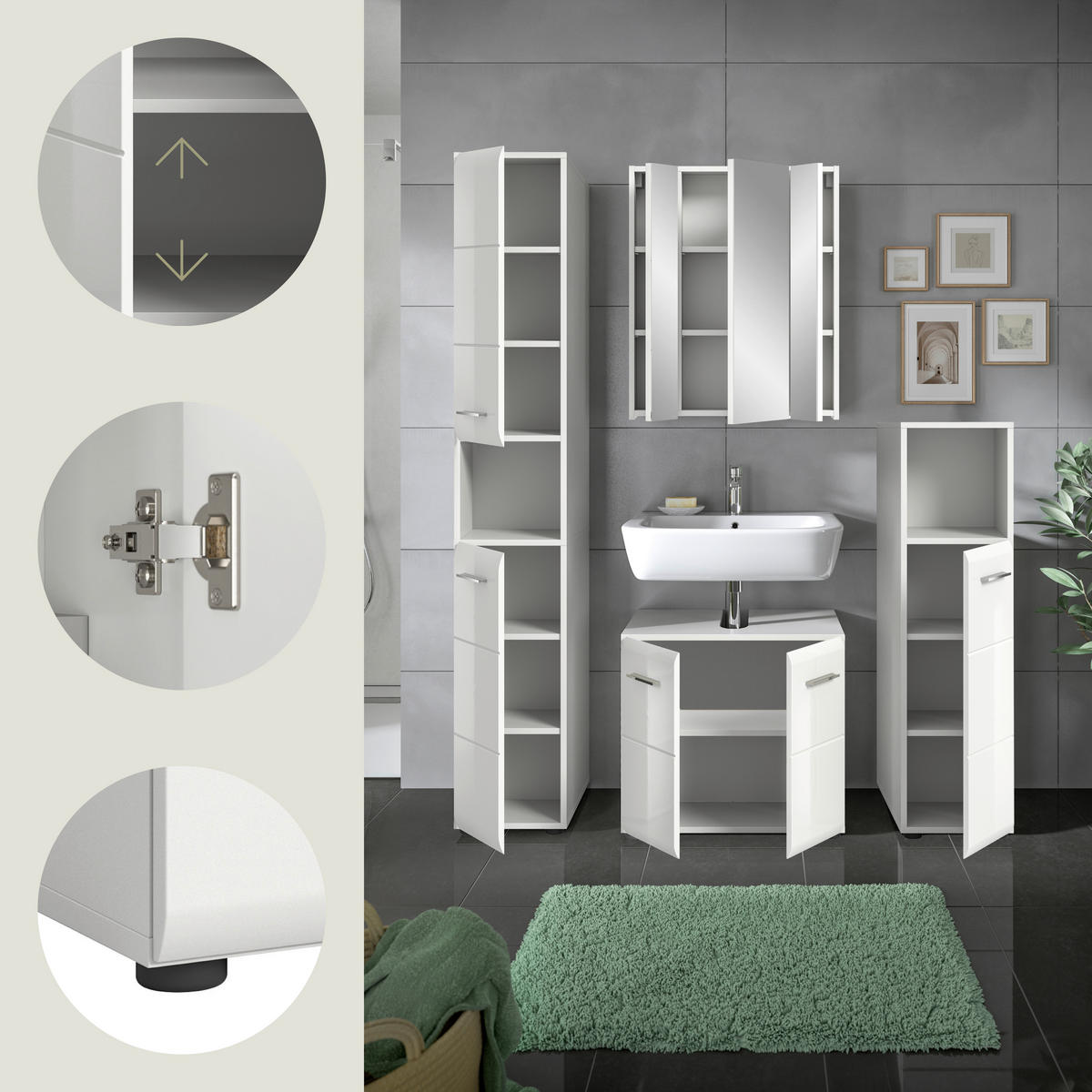 BADEZIMMER 4-teilig  in 120 cm  - Weiß Hochglanz/Silberfarben, MODERN, Holzwerkstoff/Kunststoff (120cm) - MID.YOU