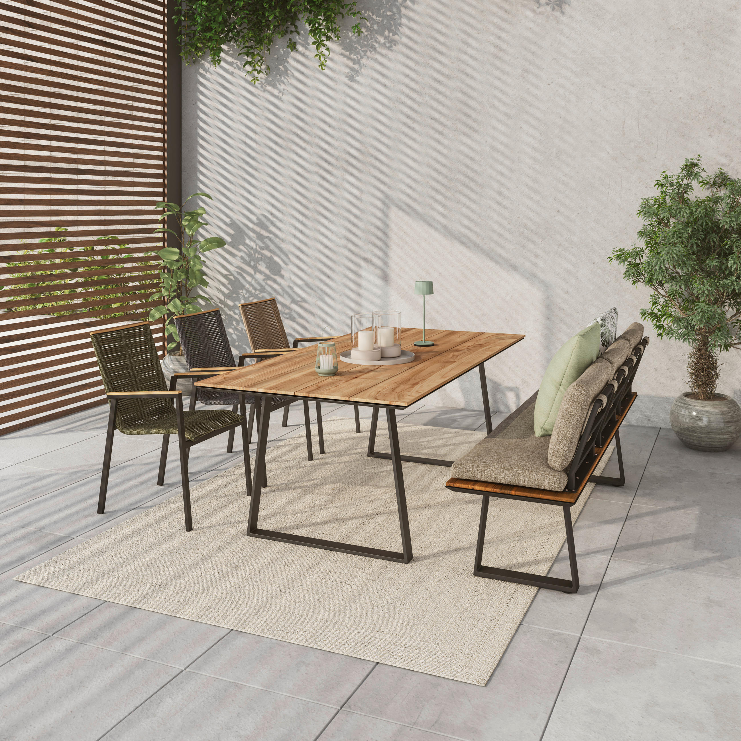 Thumbnail - Amatio Gartentisch, Anthrazit, Teak, Holz, Metall, Recyclingholz, Teakholz, massiv, rechteckig, U-Form, 100x76x200 cm, w...