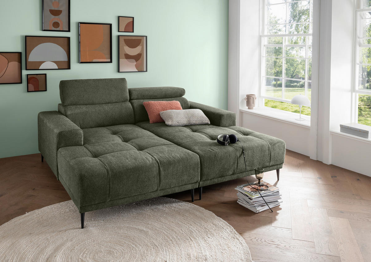 ECKSOFA in Chenille Dunkelgrün  - Dunkelgrün/Schwarz, Konventionell, Textil/Metall (200/188cm) - Livetastic