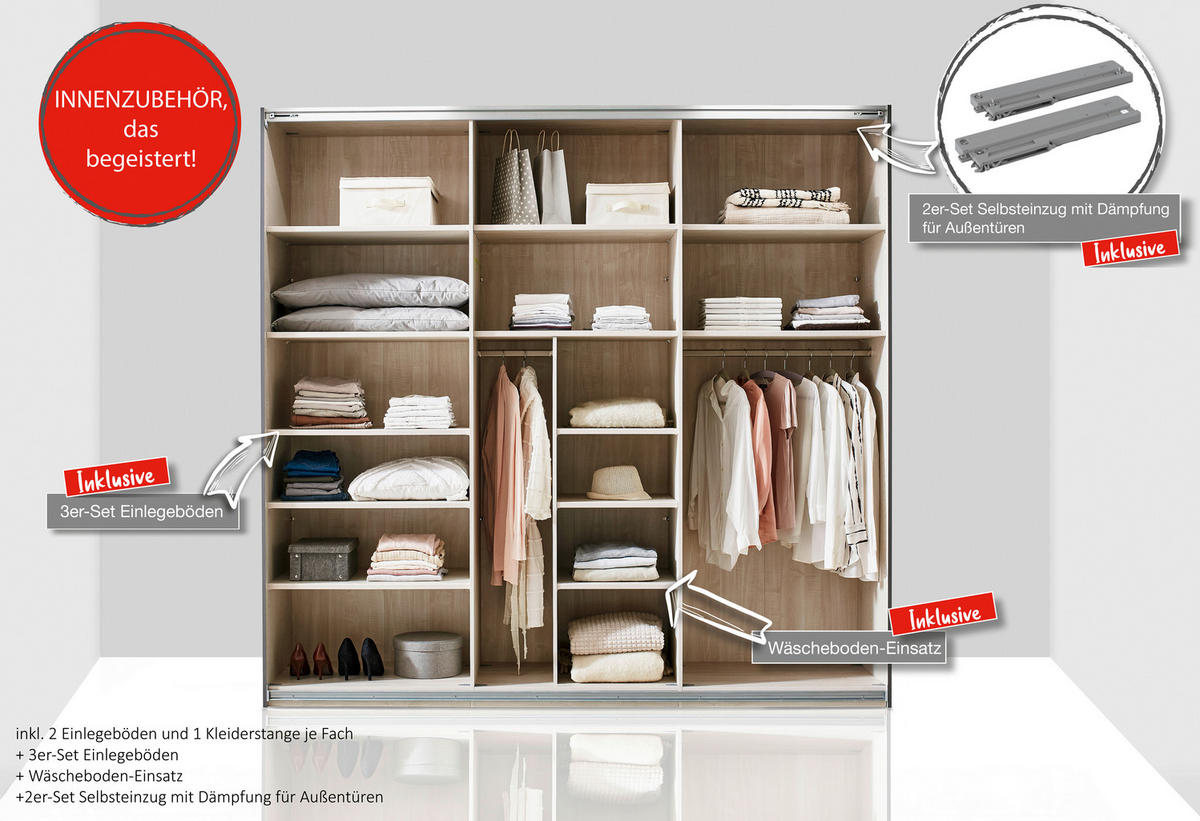 SCHWEBETÜRENSCHRANK 225/236/67 cm 3-türig Champagner  - Chromfarben/Champagner, MODERN, Glas/Holzwerkstoff (225/236/67cm) - Chameo