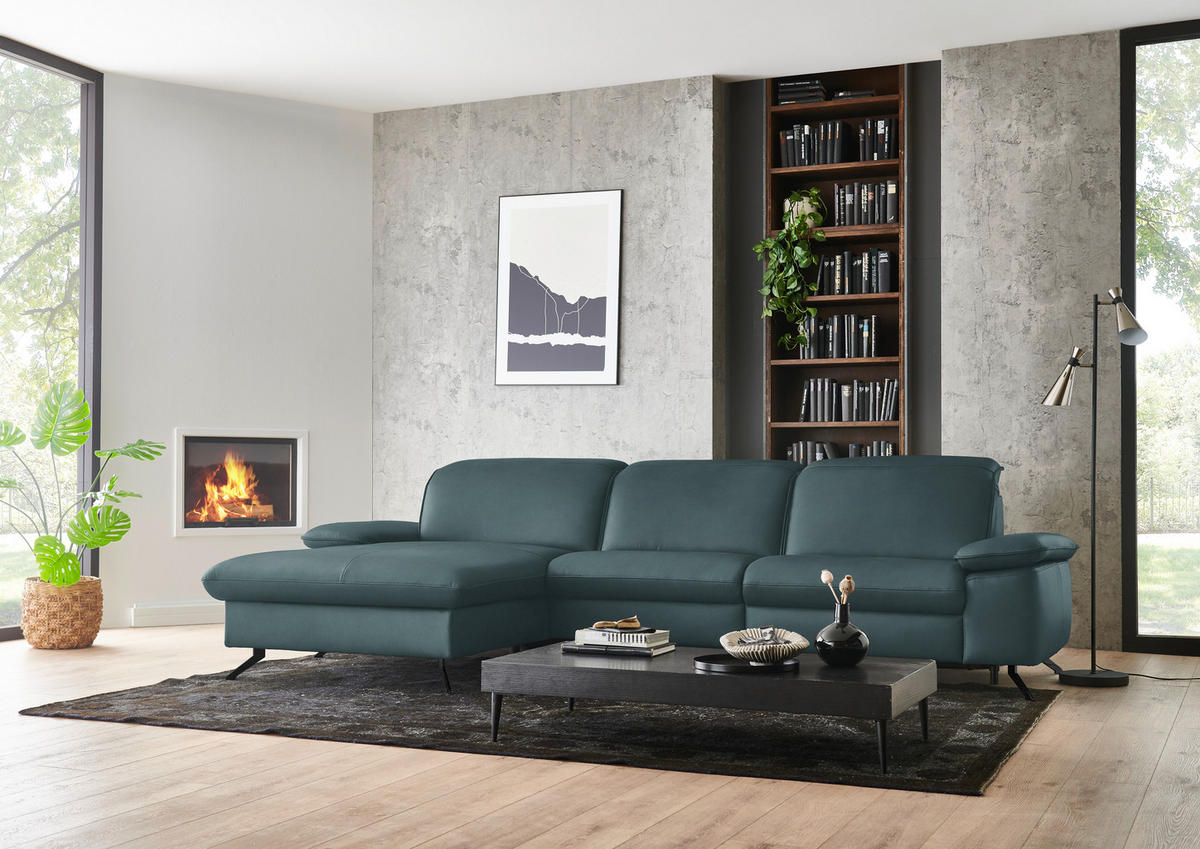 ECKSOFA  Echtleder Graublau  - Graublau/Schwarz, Design, Leder/Metall (169/307cm) - Beldomo Premium