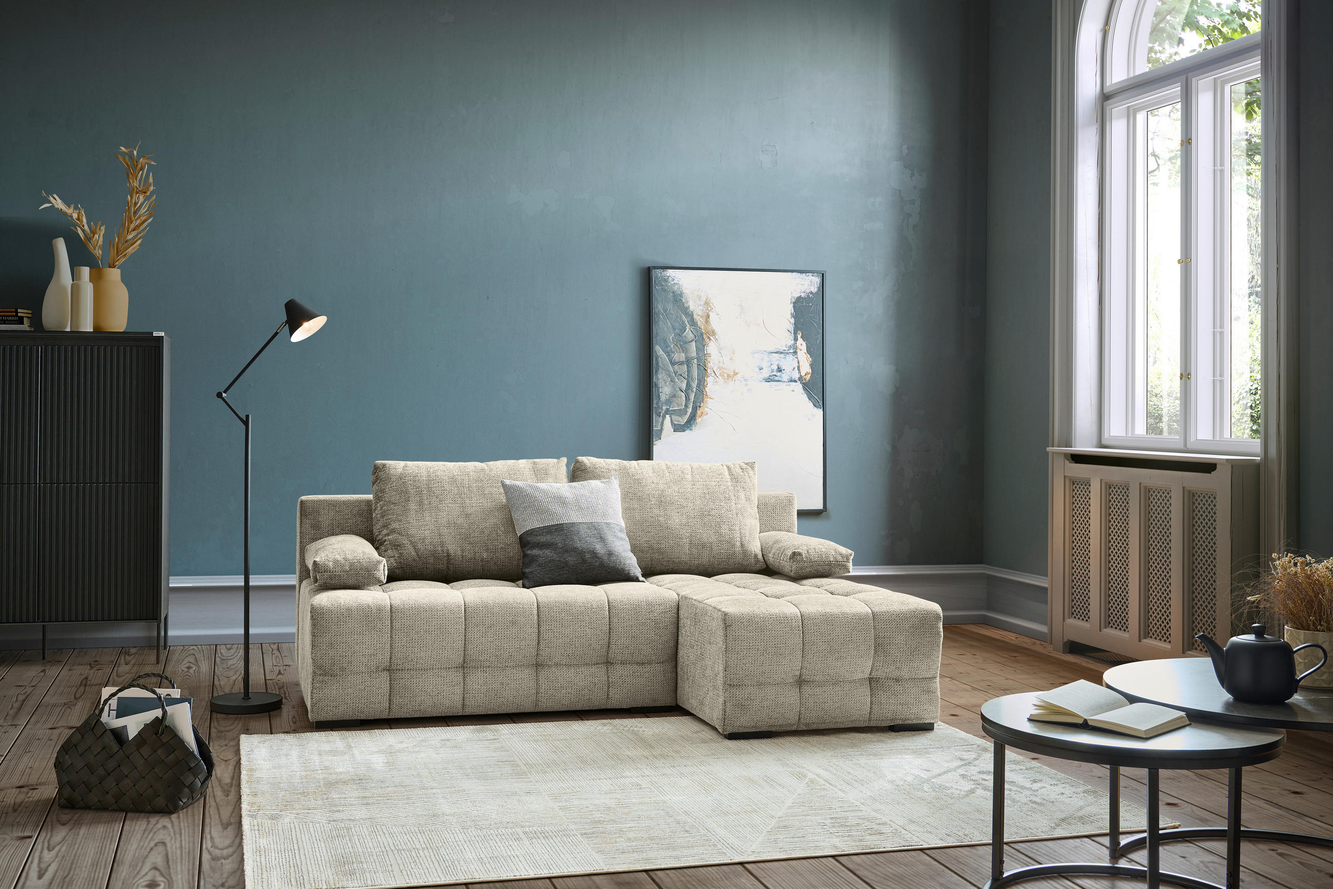 ECKSOFA Greige Chenille  - Greige/Schwarz, MODERN, Kunststoff/Textil (204/145cm) - home24