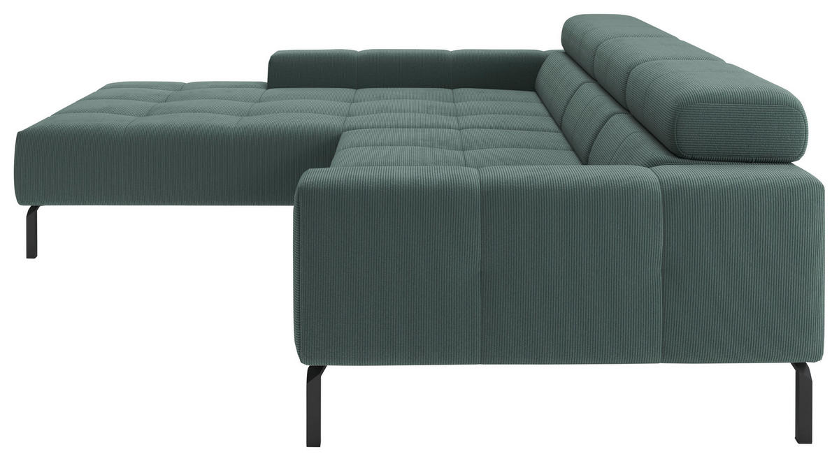 ECKSOFA Grün Feincord Rücken echt, Kopfteilverstellung, Sitztiefenverstellung  - Schwarz/Grün, KONVENTIONELL, Textil/Metall (226/293cm) - Hom`in