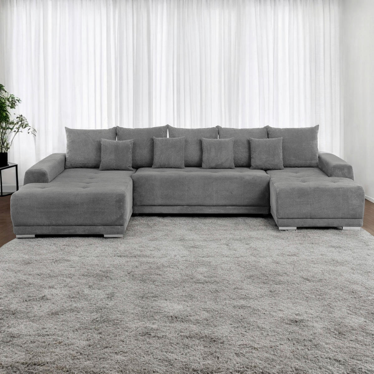 WOHNLANDSCHAFT in Flachgewebe Grau  - Silberfarben/Schwarz, Design, Kunststoff/Textil (203/350/180cm) - MID.YOU