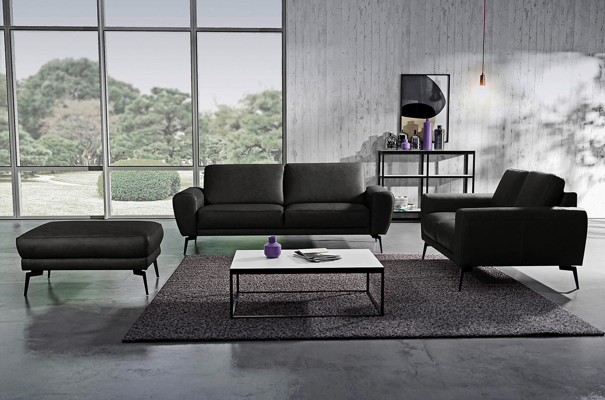 3-SITZER-SOFA Echtleder Schwarz  - Schwarz, Design, Leder/Metall (207/85/92cm) - Livetastic