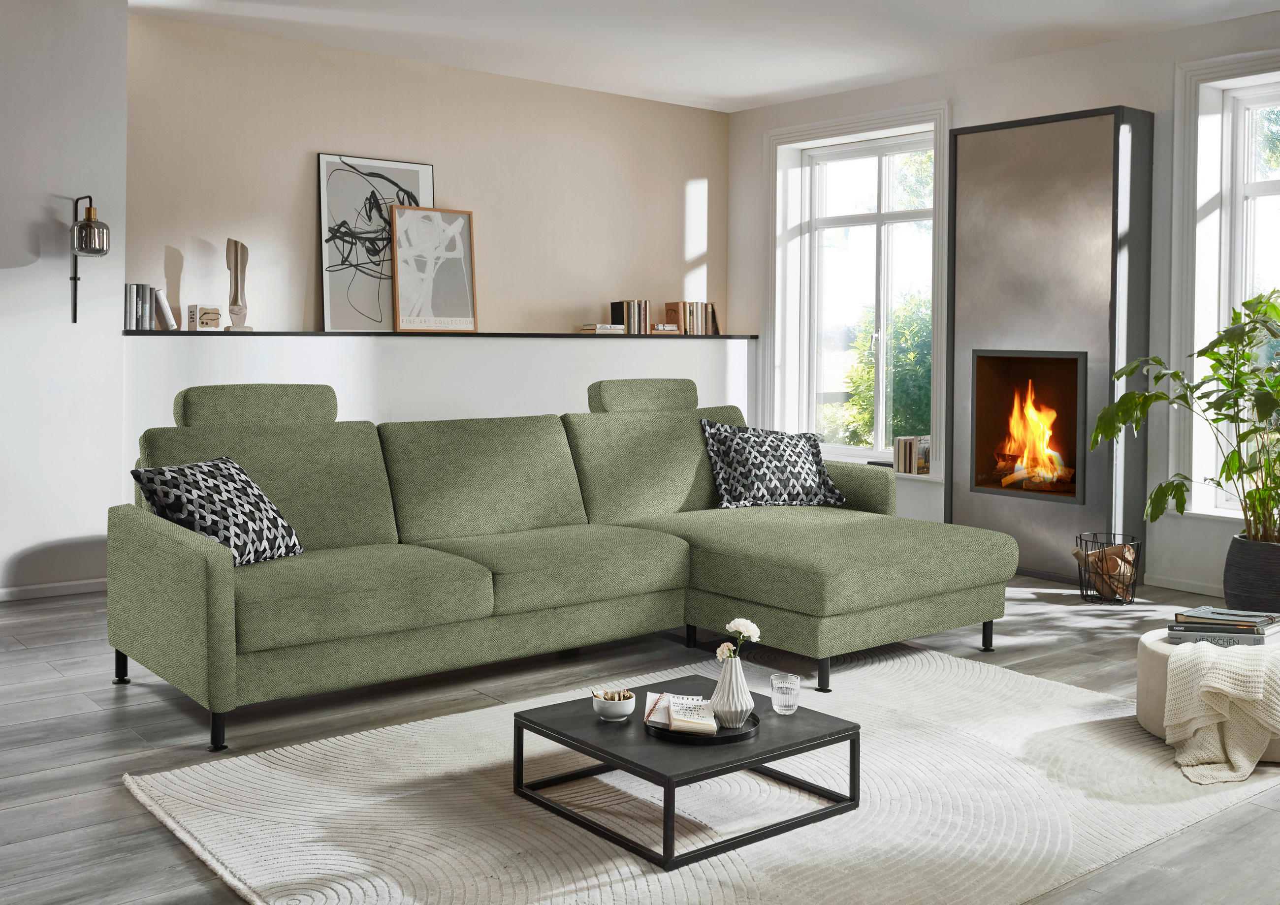 ECKSOFA  in Chenille, Flachgewebe Olivgrün  316/175 cm  - Schwarz/Olivgrün, Design, Textil/Metall (316/175cm) - Dieter Knoll