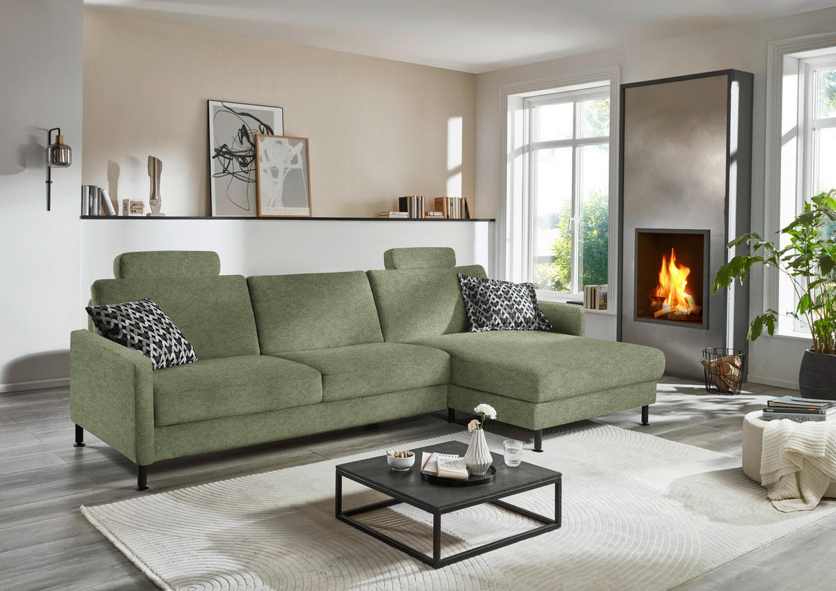 ECKSOFA  in Chenille, Flachgewebe Olivgrün  316/175 cm  - Schwarz/Olivgrün, Design, Textil/Metall (316/175cm) - Dieter Knoll