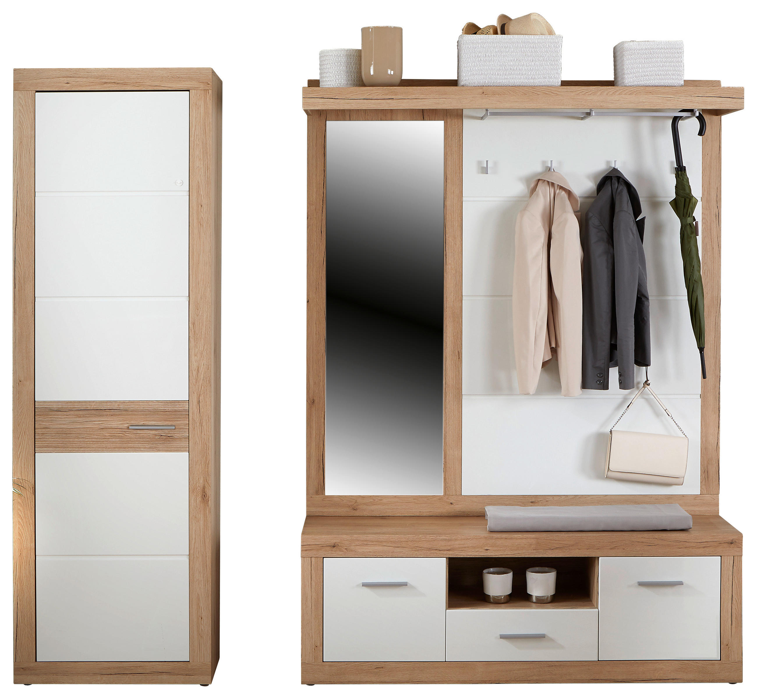 Garderoben-set Malta Eiche Dekor/weiß 2--Teilig. Mit Spiegel