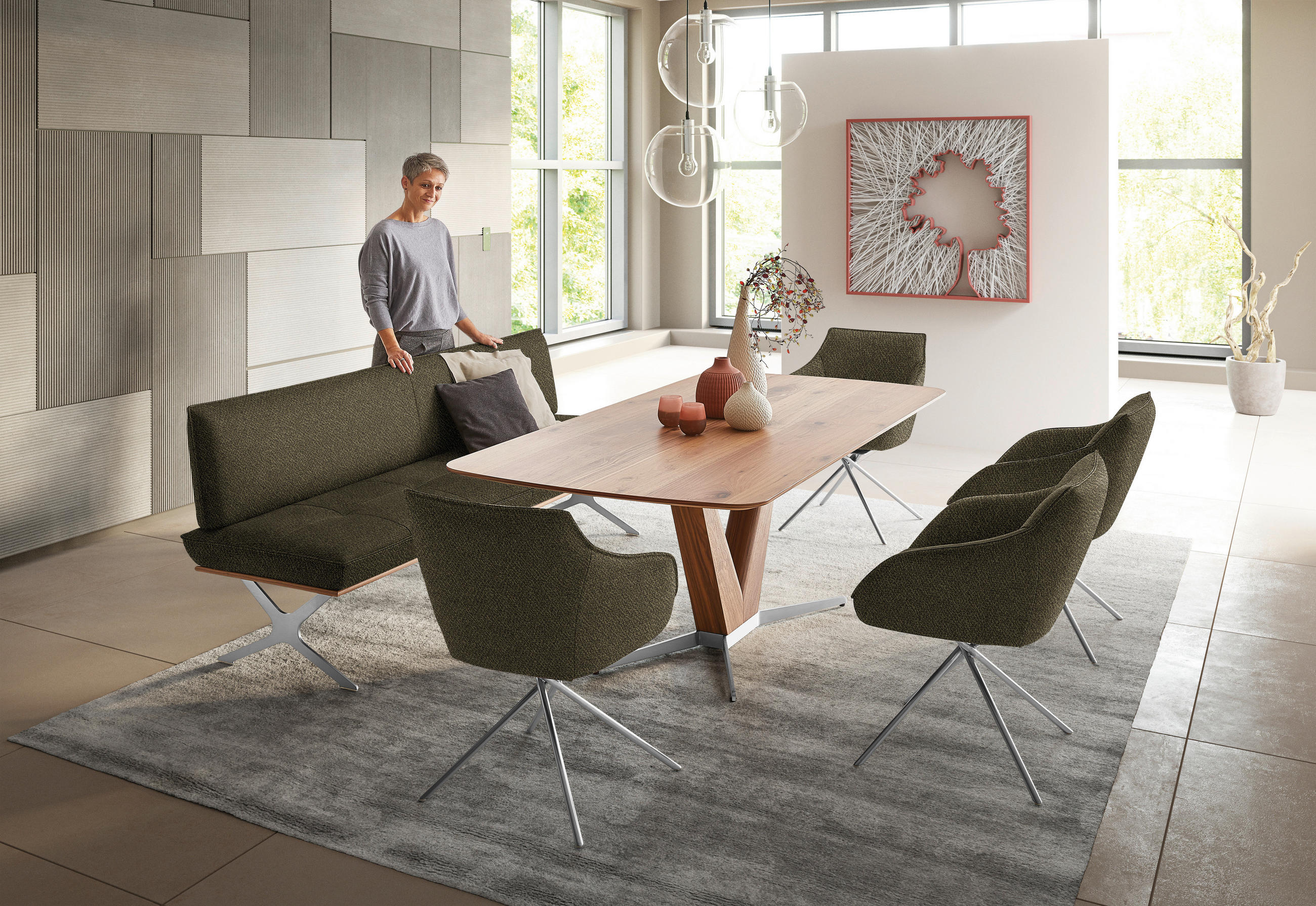 SITZBANK in Holz, Textil Nussbaumfarben, Nickelfarben, Olivgrün  - Edelstahlfarben/Nussbaumfarben, Design, Holz/Textil (214/88/66cm) - Koinor