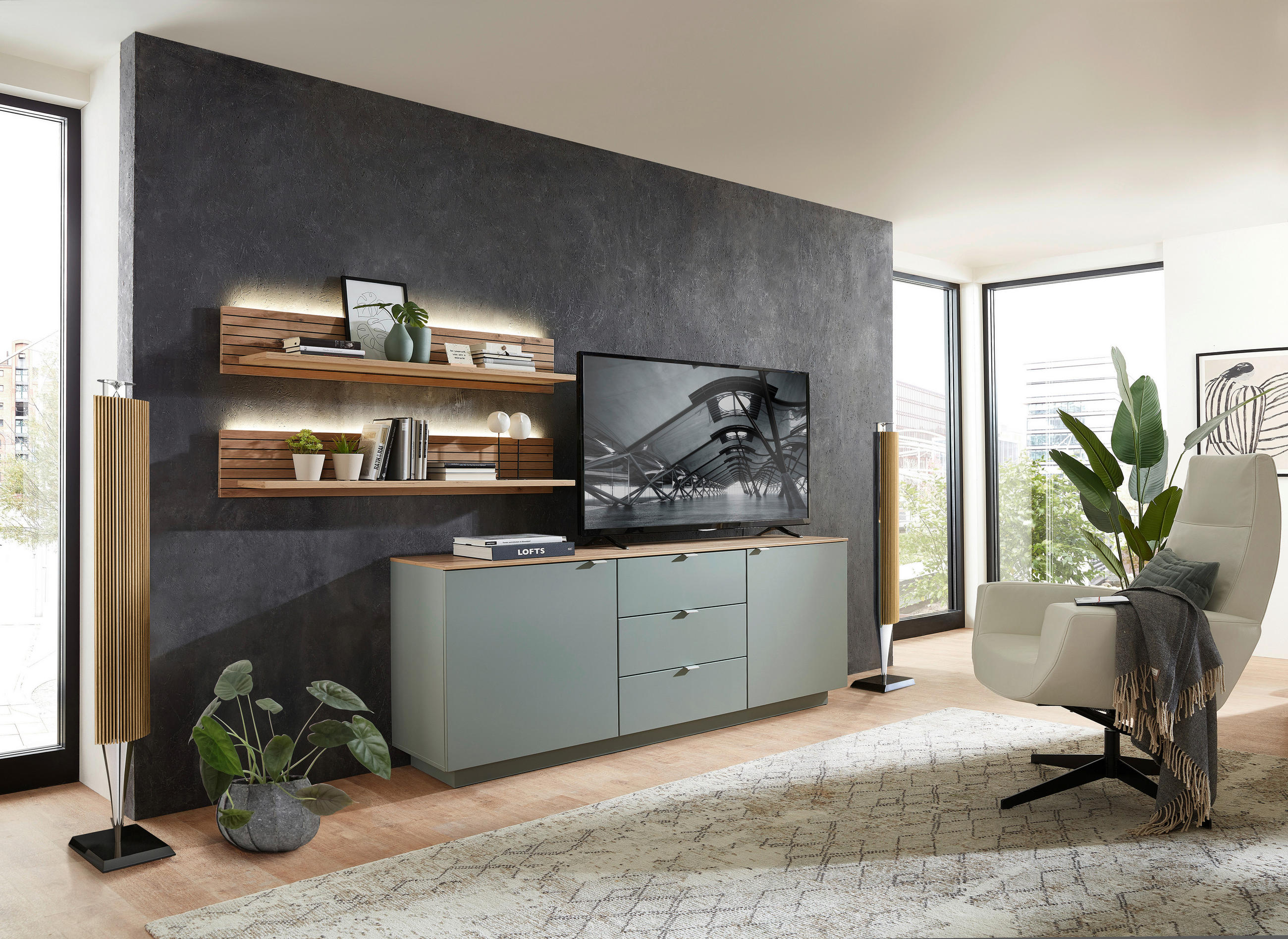 SIDEBOARD Lahore  in 180/77/44 cm  - Salbeigrün/Silberfarben, Design, Holzwerkstoff/Metall (180/77/44cm) - MID.YOU