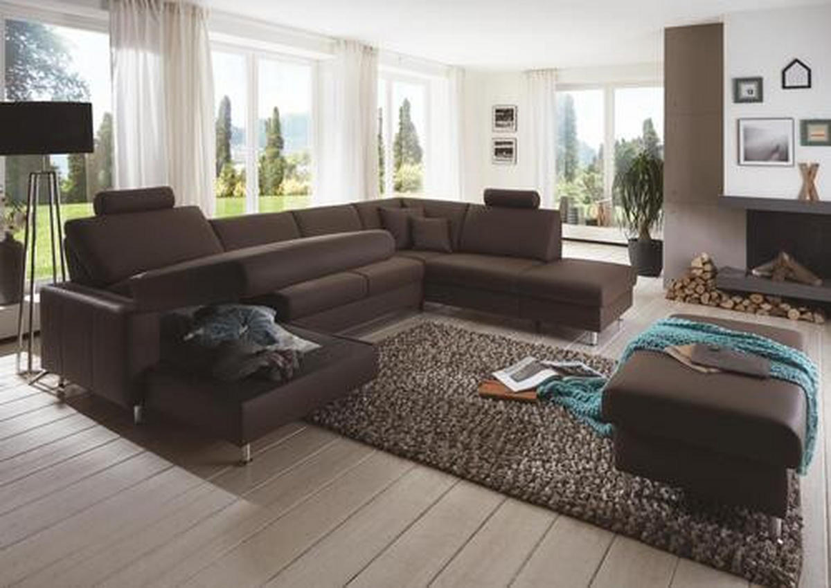 WOHNLANDSCHAFT in Echtleder Dunkelbraun  - Dunkelbraun/Alufarben, Design, Leder/Metall (233/339/165cm) - Beldomo Premium