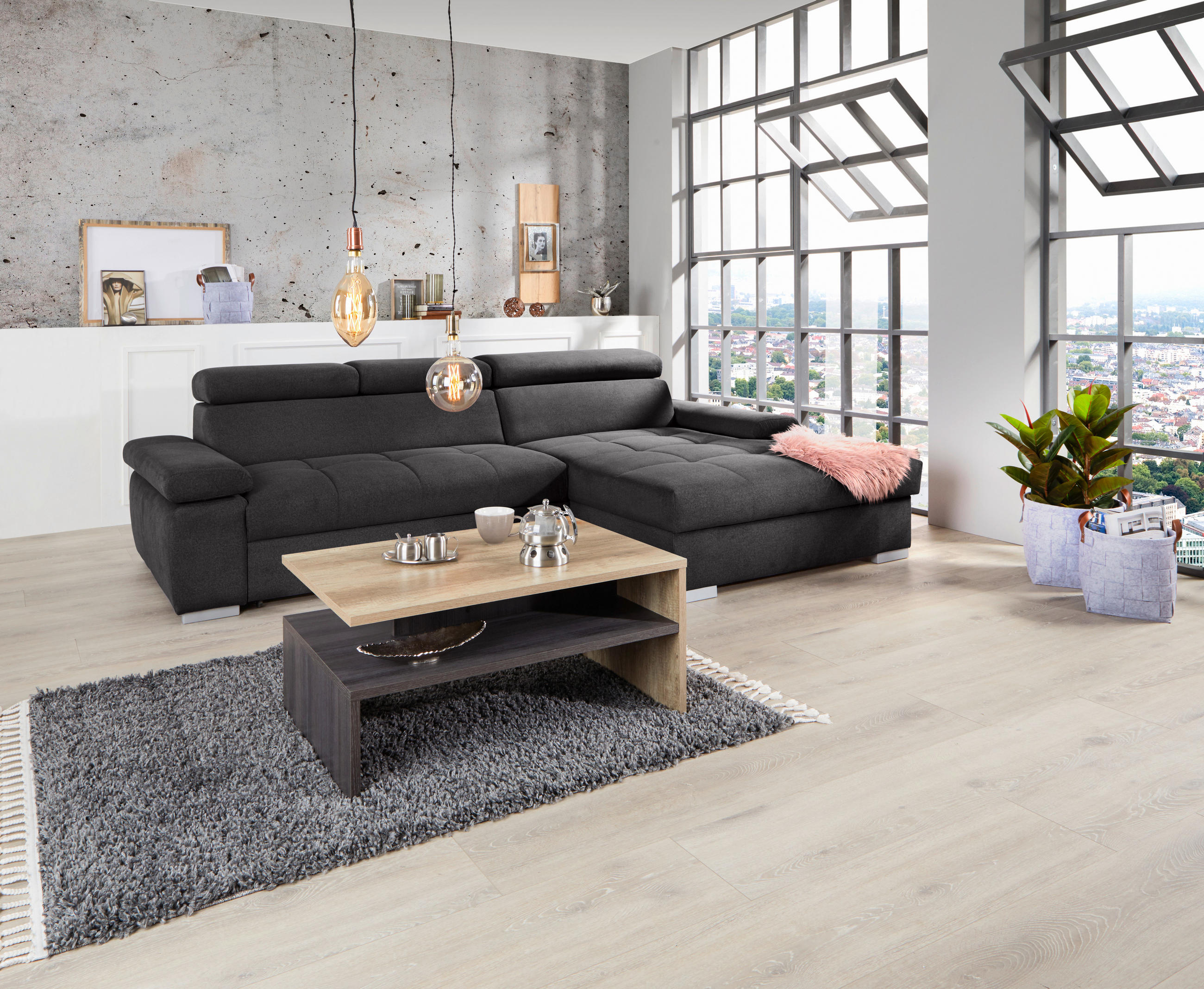 ECKSOFA in Velours Graphitfarben  - Silberfarben/Graphitfarben, Design, Holz/Textil (292/183cm) - Livetastic