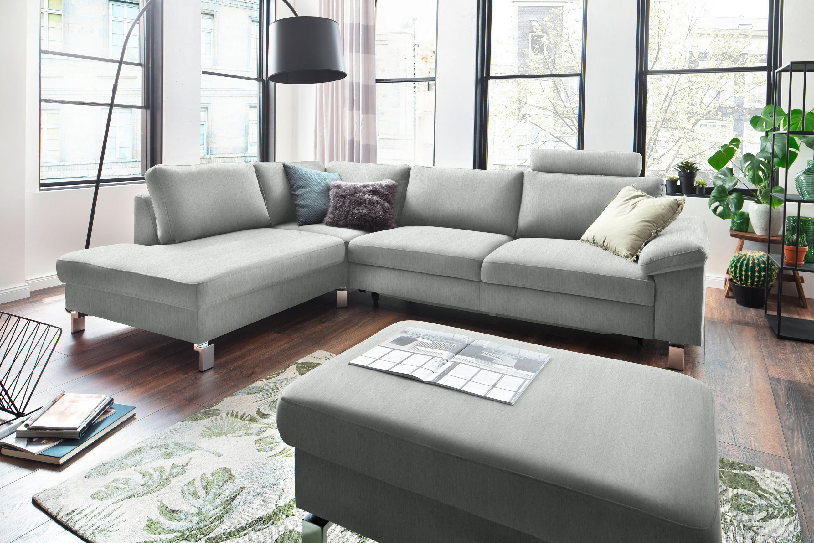 ECKSOFA in Velours Hellgrau  - Chromfarben/Hellgrau, Design, Textil/Metall (200/282cm) - Pure Home Lifestyle