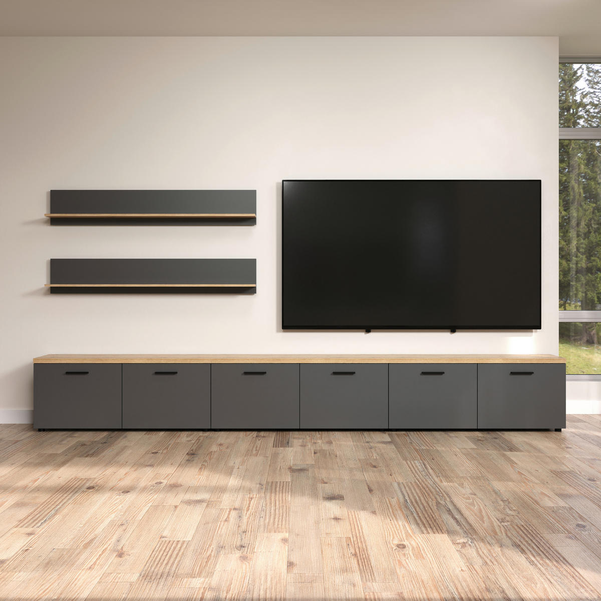 WOHNWAND 5-teilig  in Anthrazit, Eichefarben  360/180/40 cm  - Eichefarben/Anthrazit, Design, Holzwerkstoff/Kunststoff (360/180/40cm) - MID.YOU