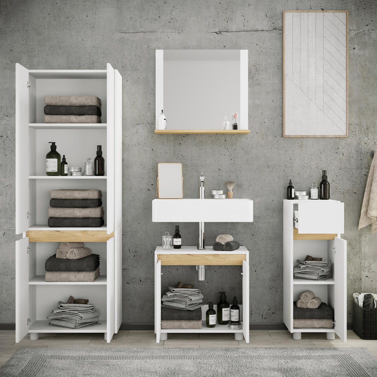 BADEZIMMER 4-teilig  in 154 cm  - Honigeiche/Silberfarben, Trend, Holzwerkstoff/Kunststoff (154cm) - MID.YOU