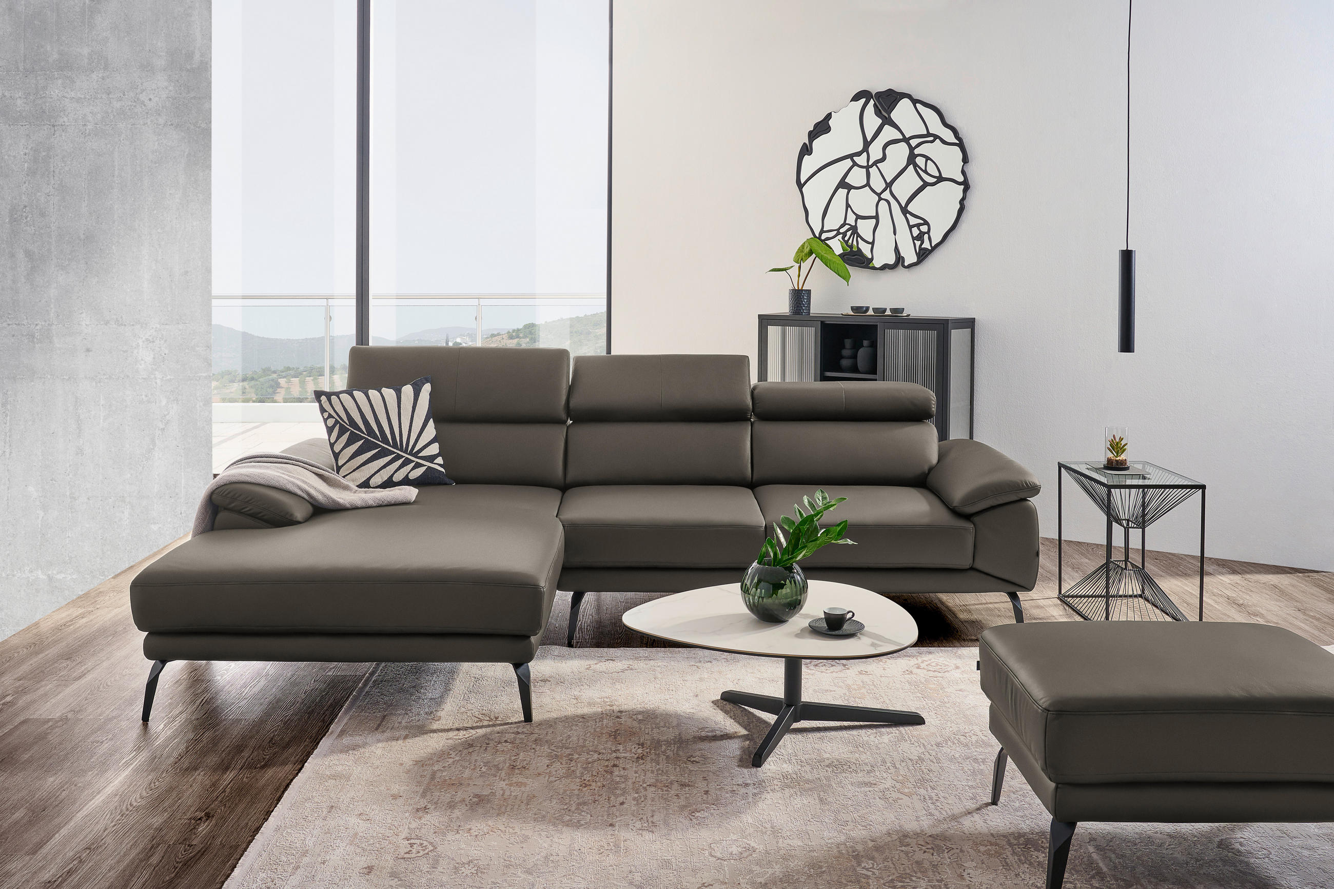 ECKSOFA in Echtleder Graubraun  - Graubraun/Schwarz, Design, Leder/Metall (187/295cm) - Novel