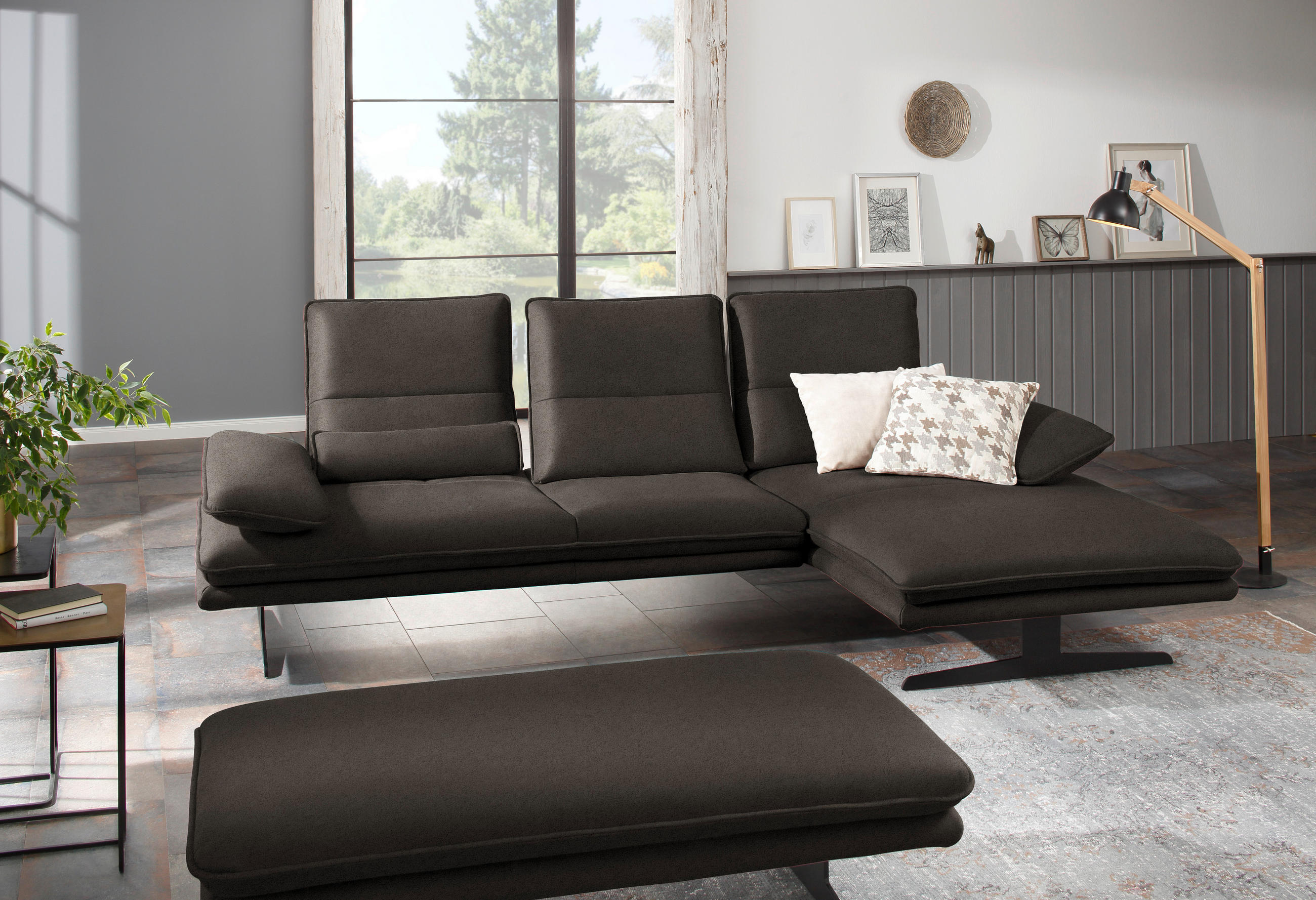 ECKSOFA in Mikrofaser Mokka  - Schwarz/Mokka, Design, Textil/Metall (291/164cm) - Chilliano
