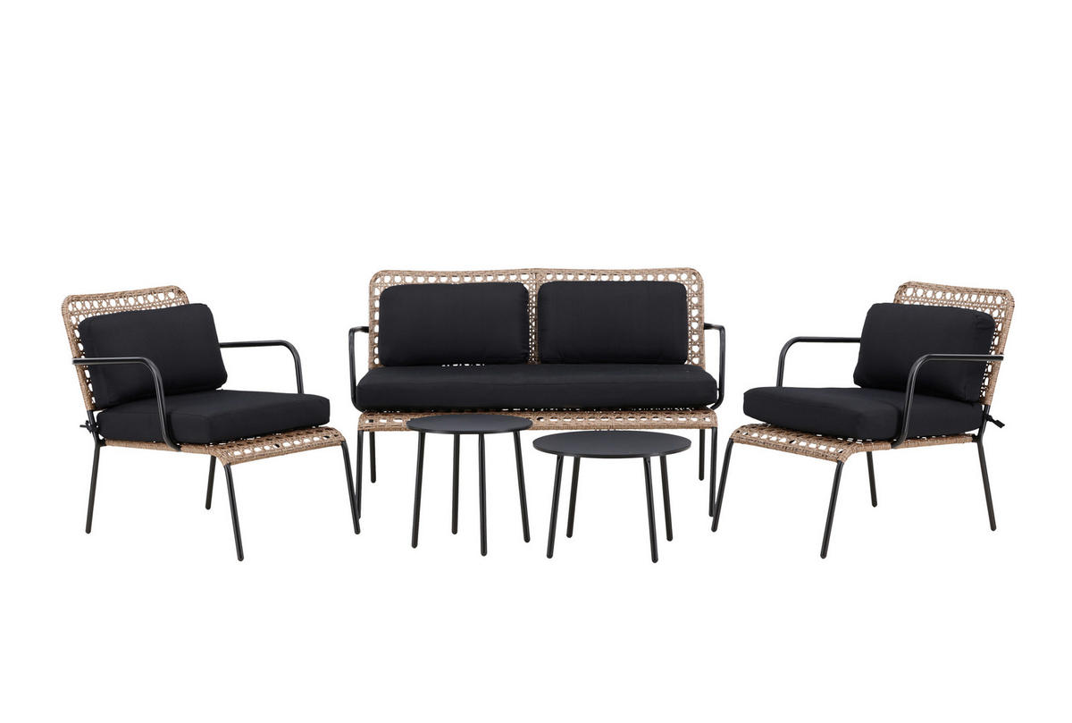 LOUNGEGARNITUR Rattan Stahl  - Dunkelgrau/Schwarz, KONVENTIONELL, Naturmaterialien/Holz - Gardenson