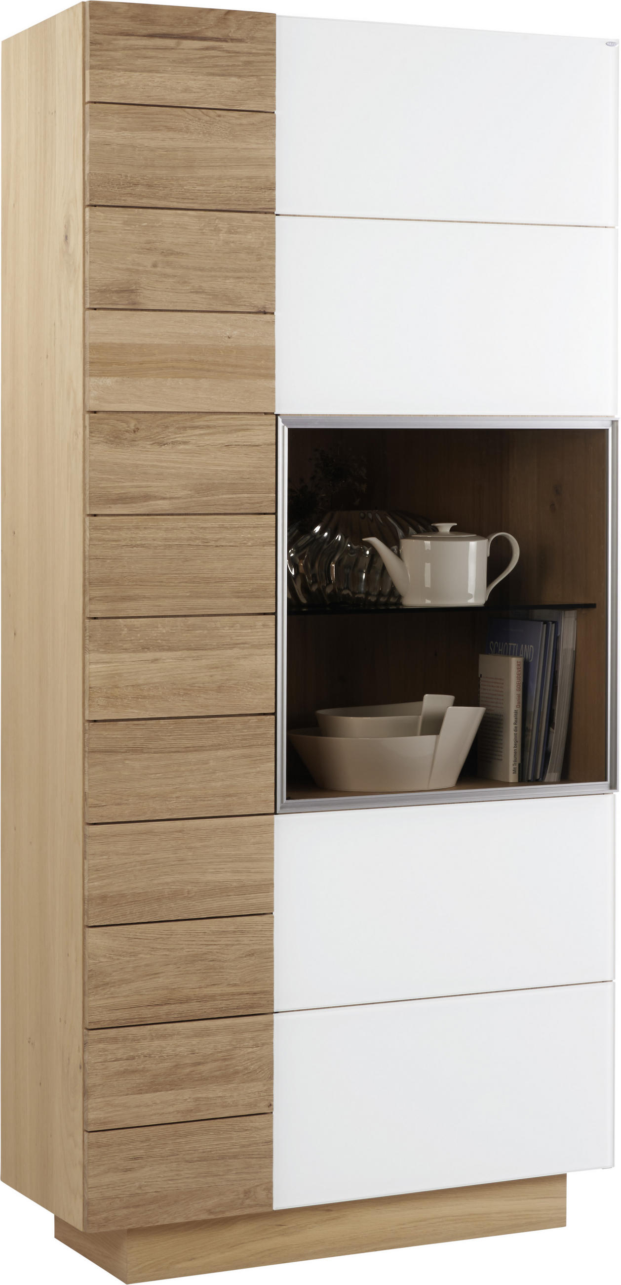 Vitrine in massiv, mehrschichtige Massivholzplatte (Tischlerplatte) Wildeiche Weiß, Eichefarben