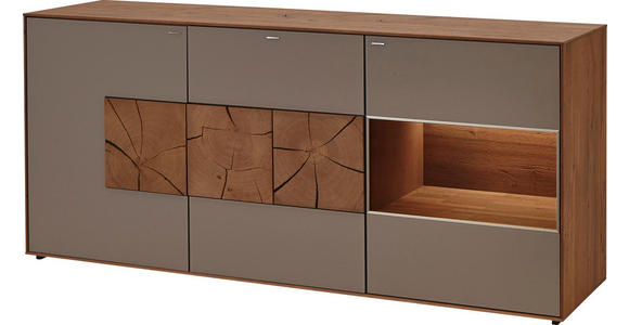 SIDEBOARD Kerneiche vollmassiv gebürstet, gewachst, lackiert, matt Eichefarben, Fango - Fango/Eichefarben, Design, Glas/Holz (175/81/49cm) - Valnatura