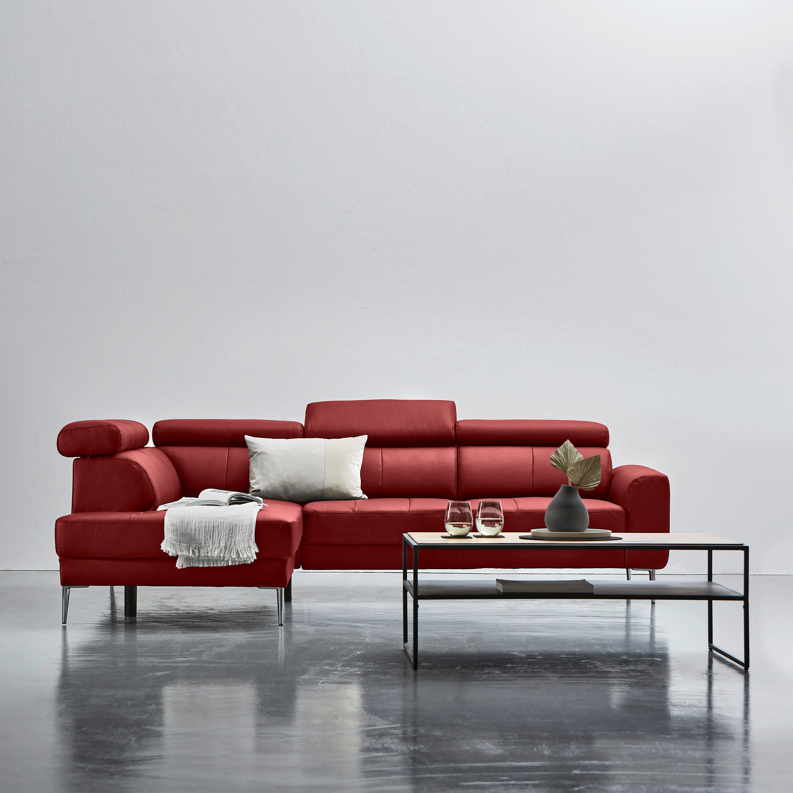 ECKSOFA Rot Echtleder  - Chromfarben/Rot, Design, Leder/Metall (213/262cm) - Hom`in