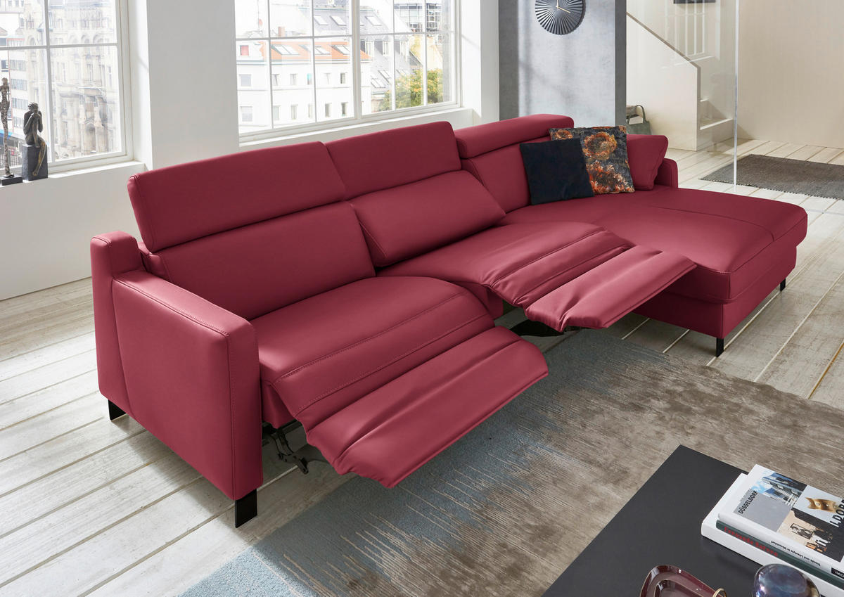 ECKSOFA in Echtleder Bordeaux  - Bordeaux/Schwarz, Design, Leder/Metall (291/176cm) - Valdera