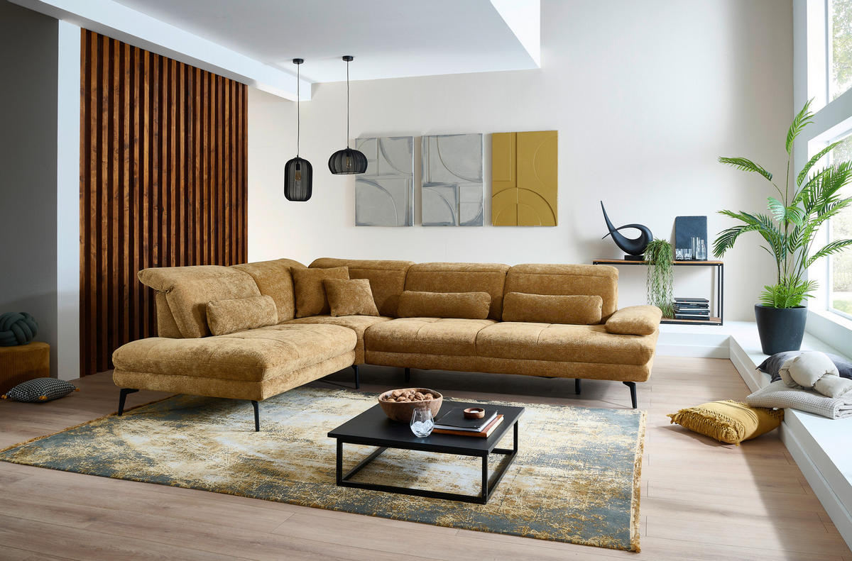 ECKSOFA Beldomo System Dunkelgelb Chenille Rücken echt, Kopfteilverstellung  - Dunkelgelb/Schwarz, Design, Textil/Metall (235/311cm) - Beldomo System