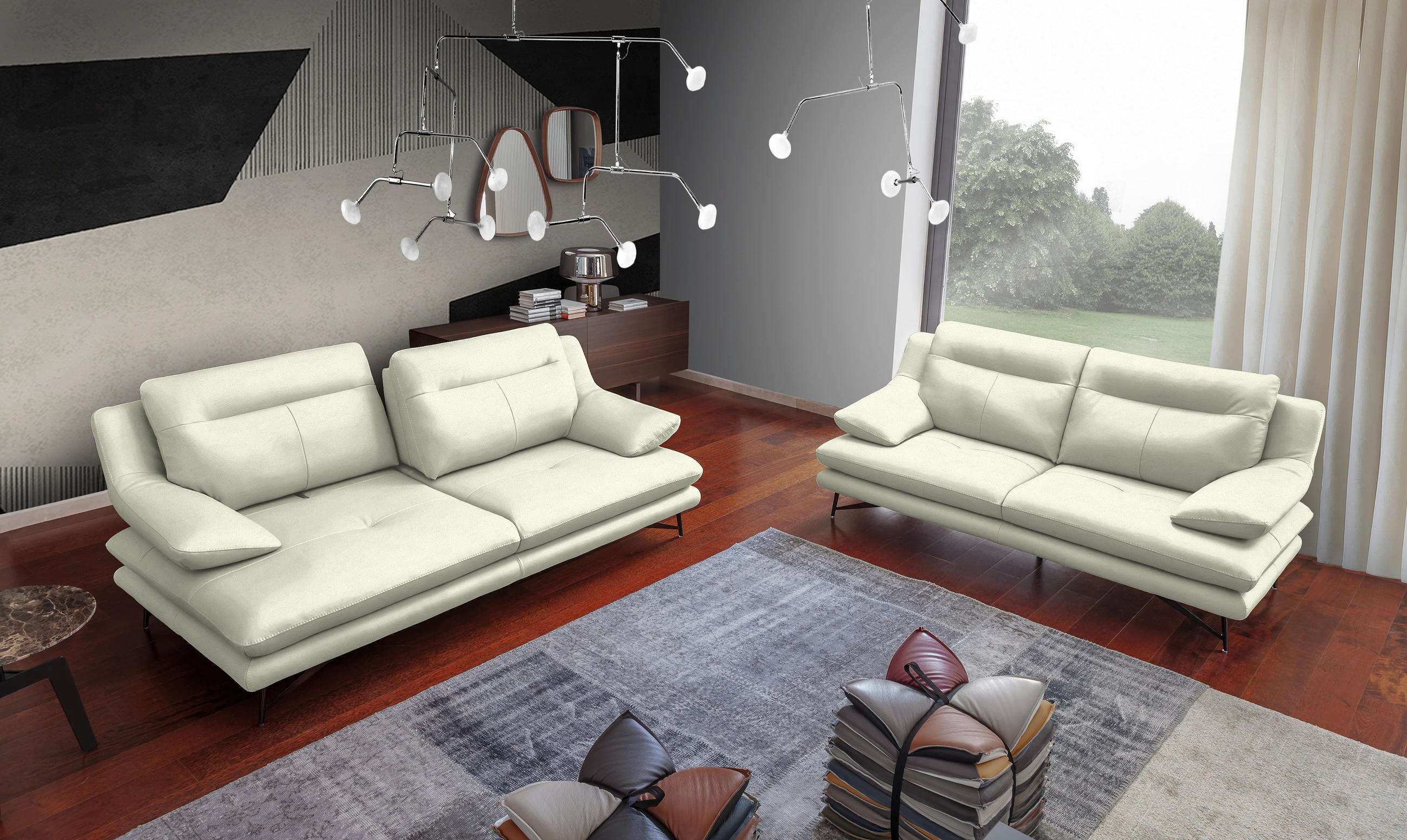 3-SITZER-SOFA in Leder Creme  - Creme, Design, Leder/Metall (215/90/109cm)