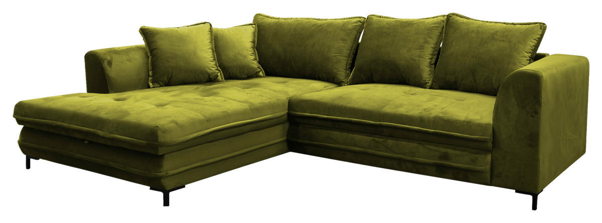 ECKSCHLAFSOFA  mit Rücken echt, Armteil links Velours Hellgrün  - Schwarz/Hellgrün, Design, Textil/Metall (187/277cm) - Livetastic
