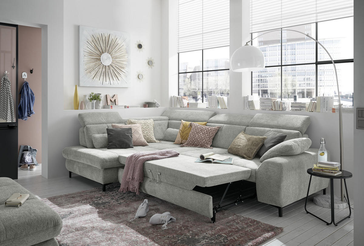 ECKSOFA Hellgrau Webstoff  - Hellgrau/Schwarz, KONVENTIONELL, Textil/Metall (220/314cm) - SetOne by Musterring