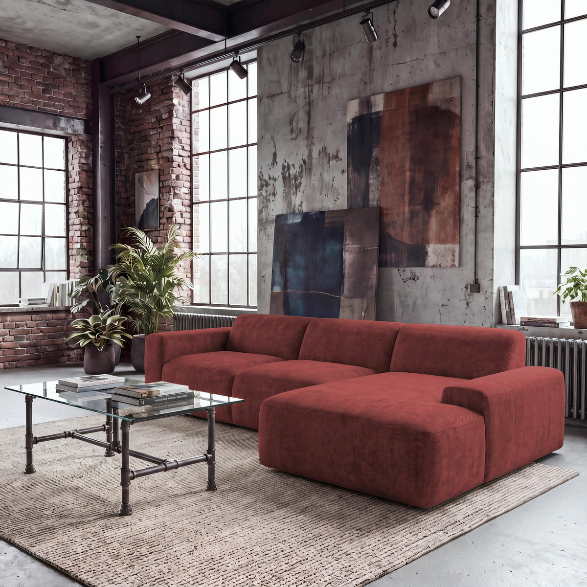 ECKSOFA HANNAH Rot Cord  - Rot/Schwarz, Design, Kunststoff/Textil (343/170cm) - MID.YOU