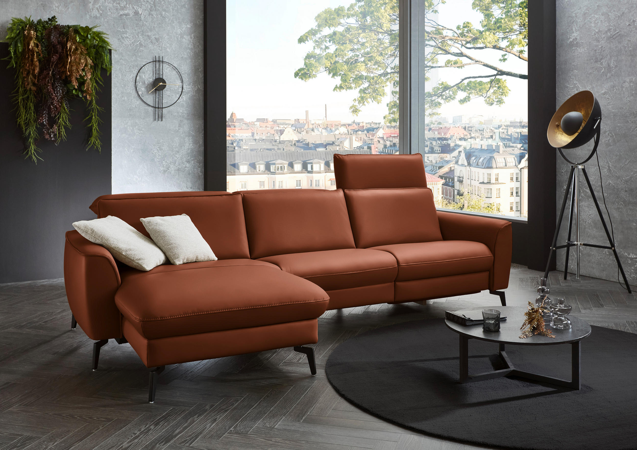 ECKSOFA in Echtleder Cognac  - Cognac/Schwarz, Natur, Leder/Metall (168/281cm) - Valdera