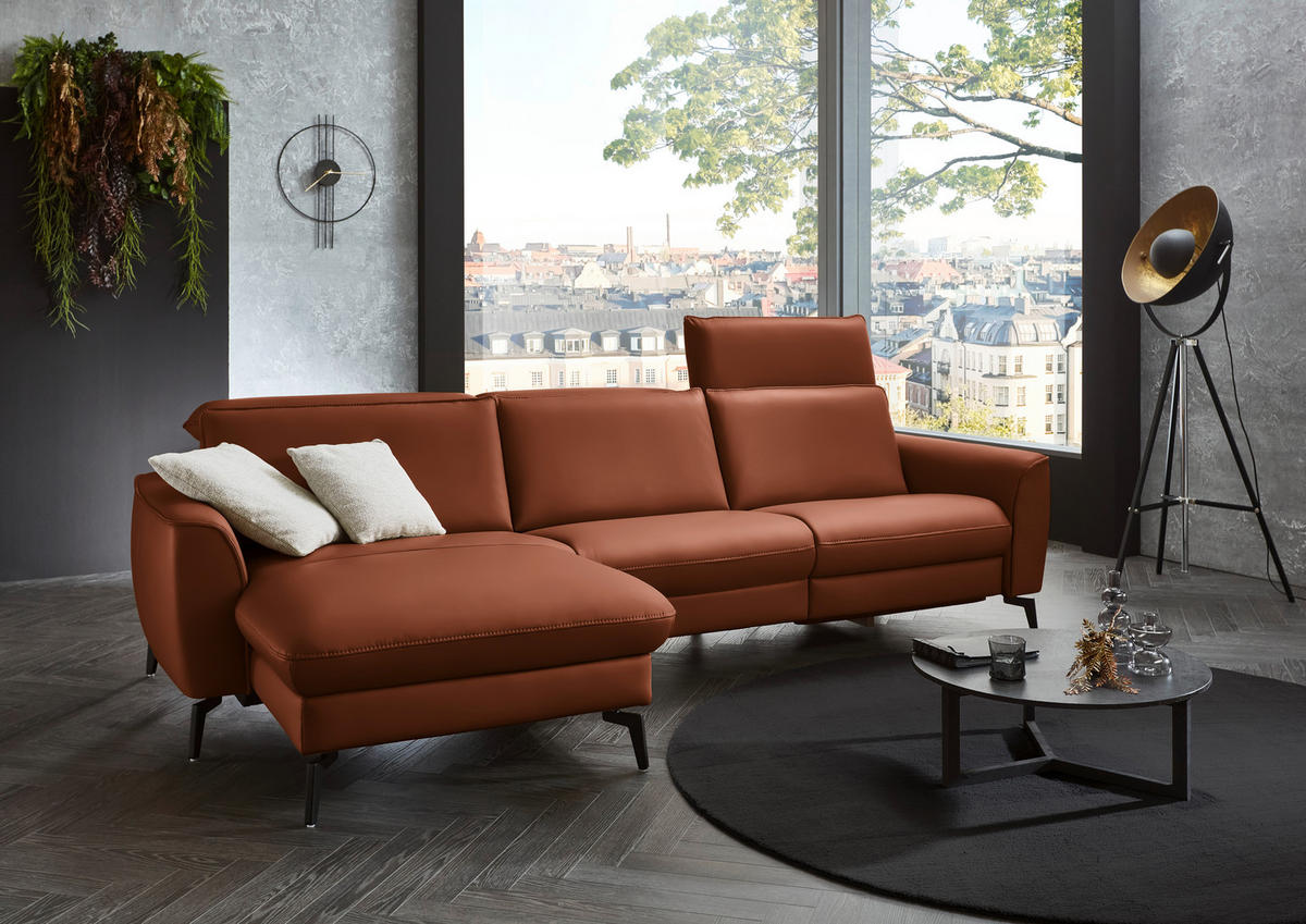 ECKSOFA in Echtleder Cognac  - Cognac/Schwarz, Natur, Leder/Metall (168/281cm) - Valdera