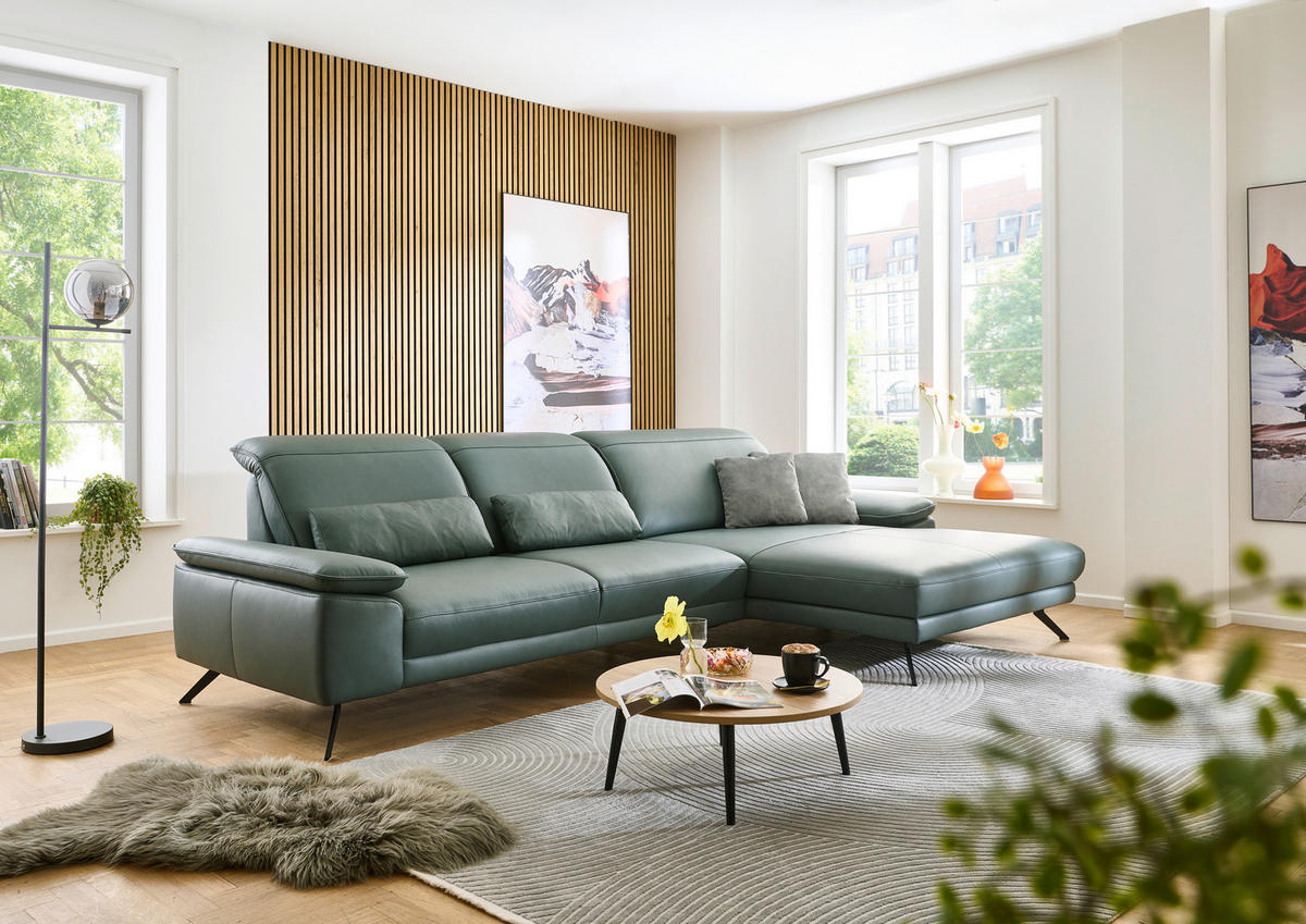 ECKSOFA Opal Echtleder  - Opal/Schwarz, Design, Leder/Metall (332/193cm) - Dieter Knoll