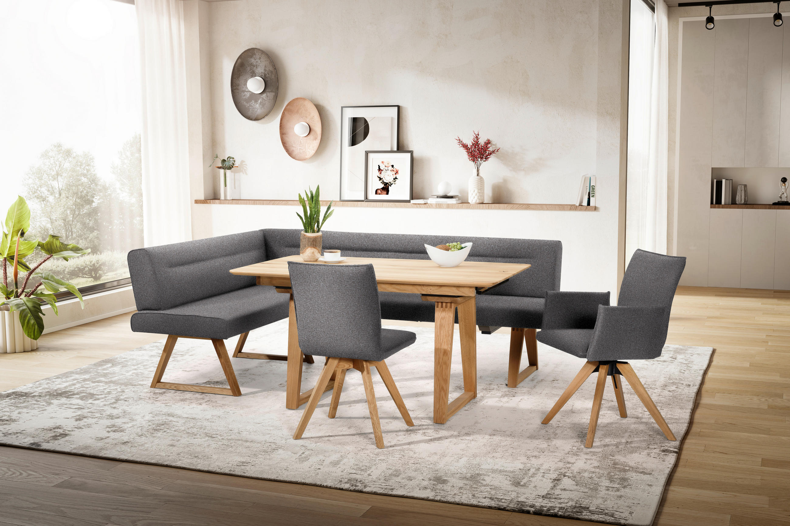 ECKBANK 170/230 cm Samt Grau, Eichefarben Wildeiche massiv   - Eichefarben/Grau, KONVENTIONELL, Holz/Textil (170/230cm) - Moderano