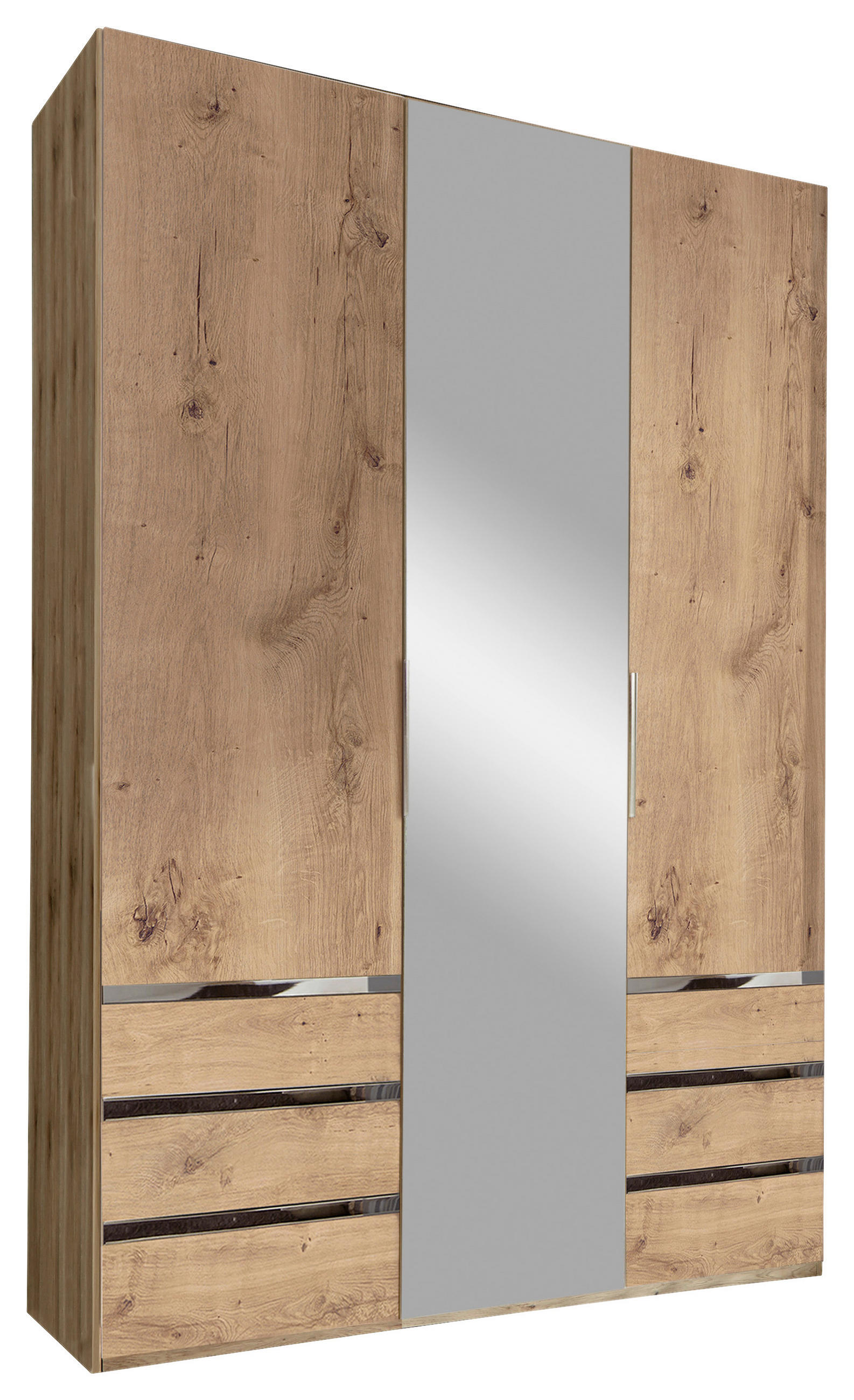 DREHTÜRENSCHRANK 150/216/58 cm,  in Silberfarben, Eichefarben, 3 Tür(en)  - Chromfarben/Plankeneiche, MODERN, Glas/Holzwerkstoff (150/216/58cm) - MID.YOU