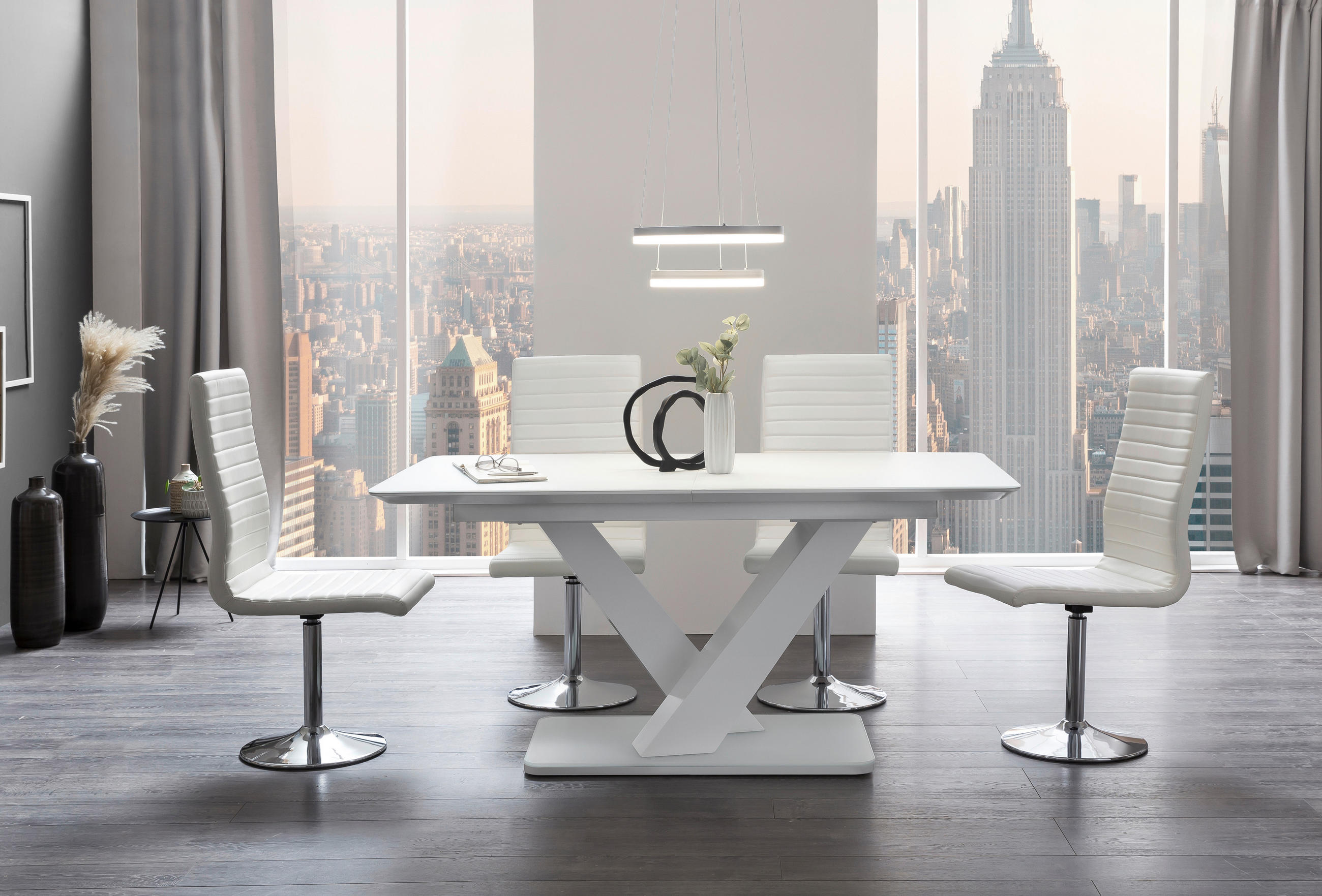 TISCHGRUPPE Silberfarben, Weiß  - Silberfarben/Weiß, MODERN, Glas/Textil (160-200/90/77cm) - Livetastic