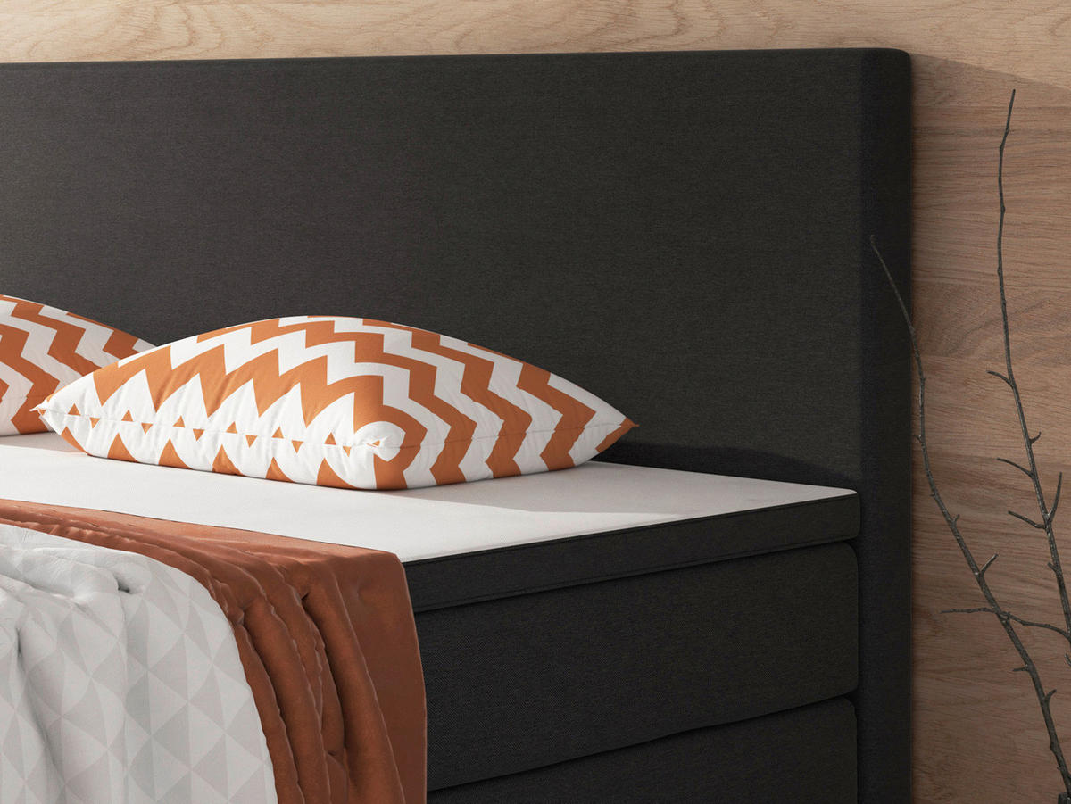 BOXSPRINGBETT 180/200 cm,  in Schwarz, Matratze, gepolstertes Kopfteil, Topper, H3 + H3 = fest  - Silberfarben/Schwarz, KONVENTIONELL, Textil/Metall (180/200cm) - MID.YOU