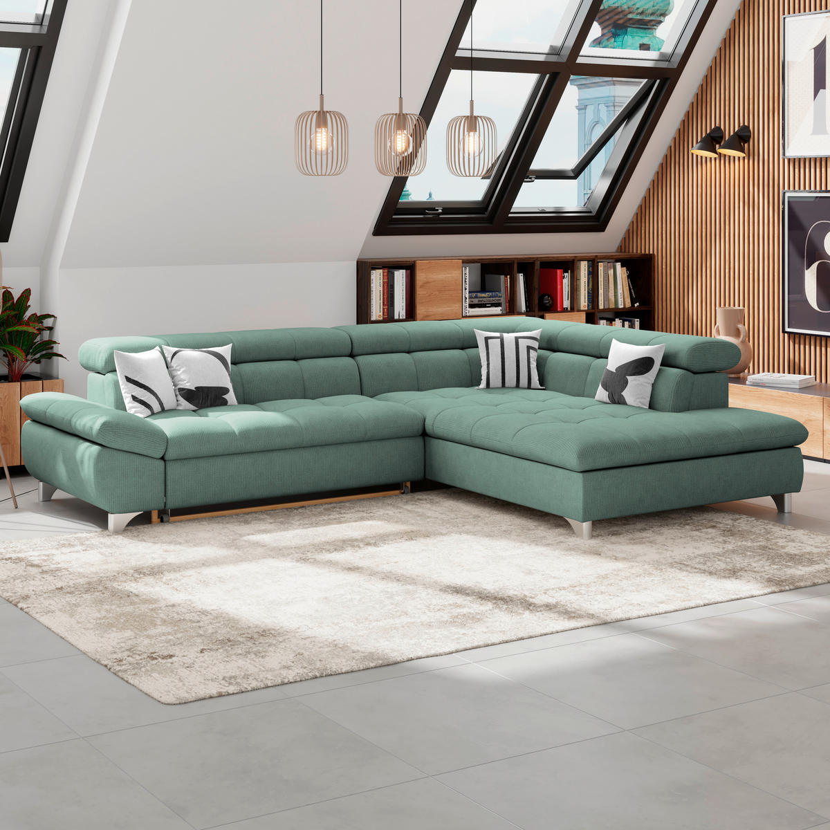 ECKSOFA Dunkelgrün Chenille  - Chromfarben/Dunkelgrün, KONVENTIONELL, Textil/Metall (312/234cm) - Livetastic