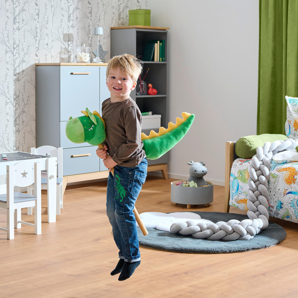 KONJIČEK NA PALICI - rumena/zelena, Basics, umetna masa/tekstil (70cm) - My Baby Lou