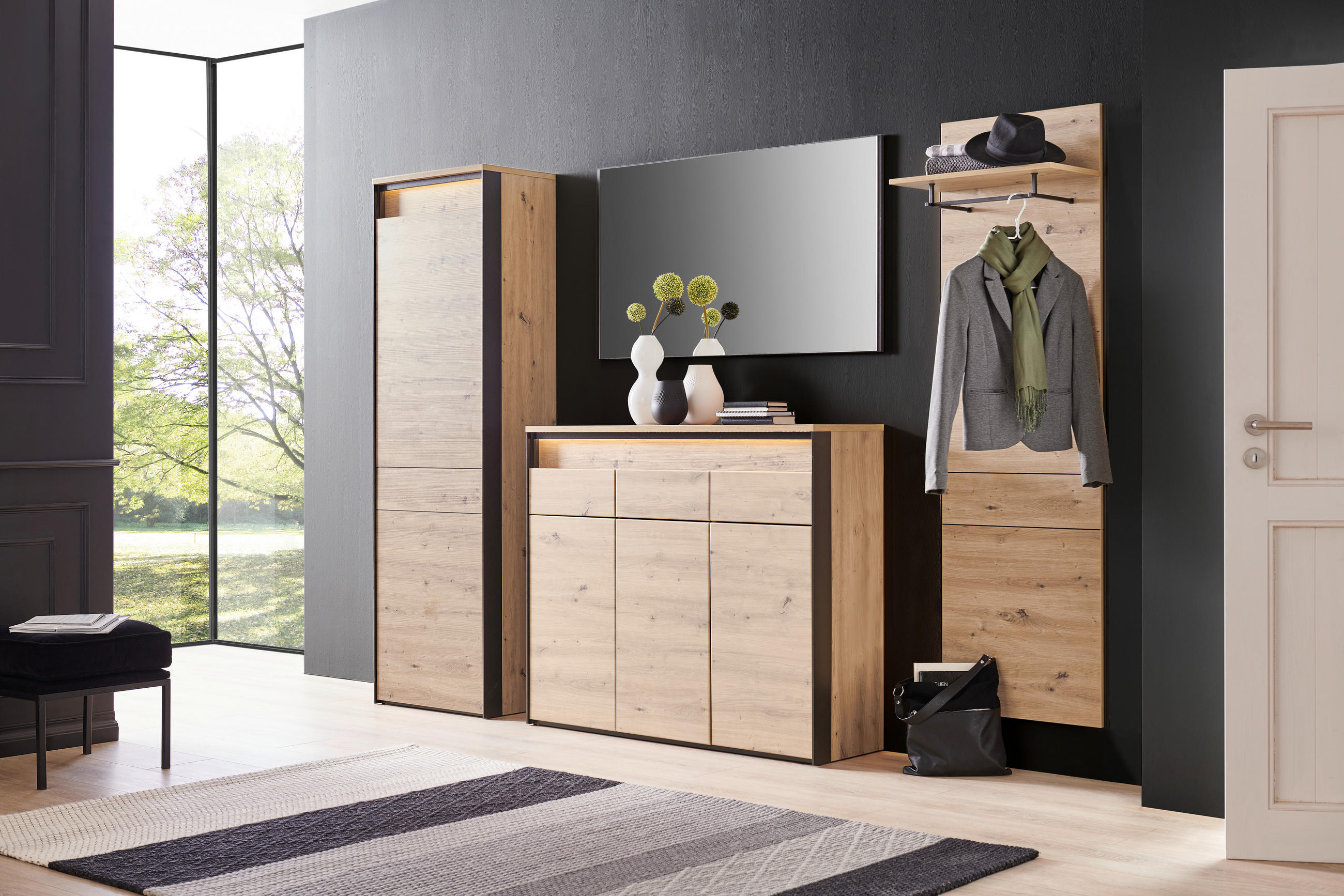 GARDEROBE 4-teilig  in 248/200/38 cm  - Schwarz/Eiche Artisan, KONVENTIONELL, Glas/Holzwerkstoff (248/200/38cm) - Voleo