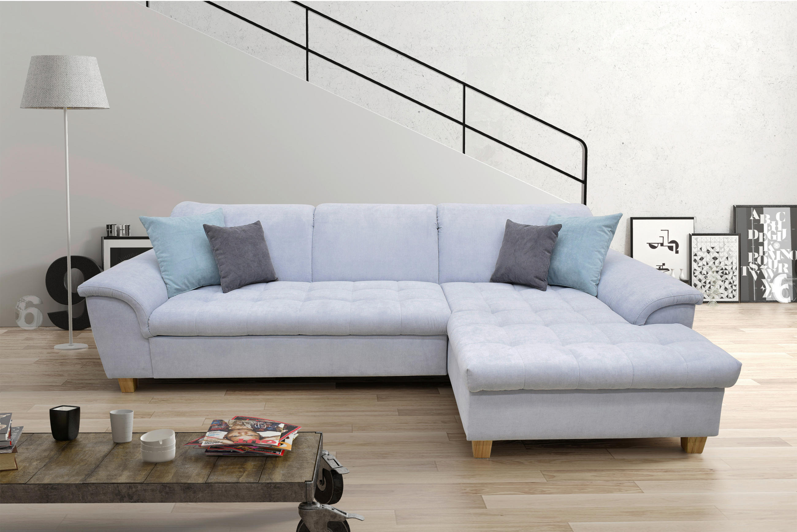 ECKSOFA Pastellblau Mikrofaser  - Pastellblau/Eichefarben, KONVENTIONELL, Holz/Textil (279/162cm) - MID.YOU