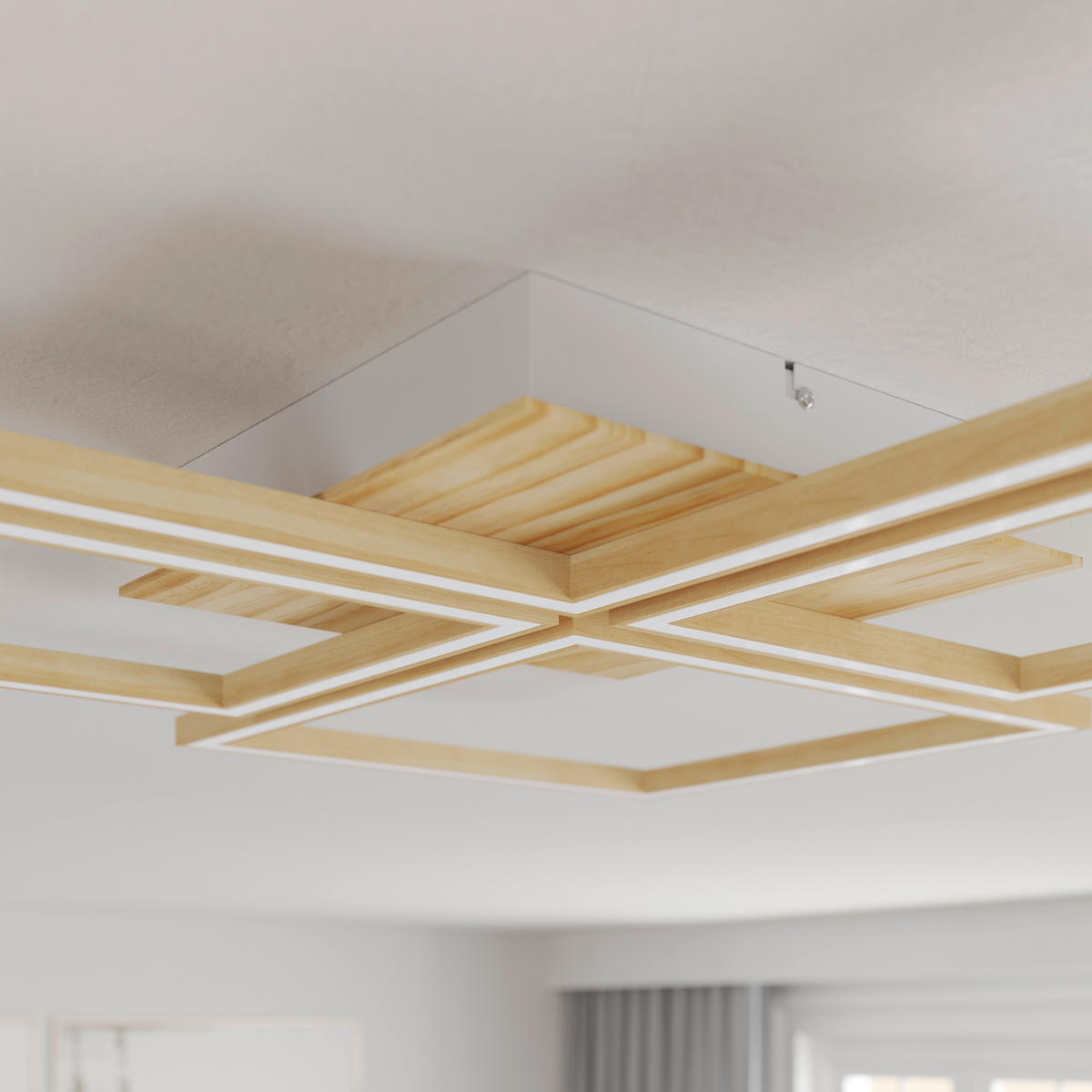 STROPNÉ LED SVIETIDLO, 75,5/75,5/5 cm - biela, Lifestyle, kov/drevo (75,5/75,5/5cm) - Novel