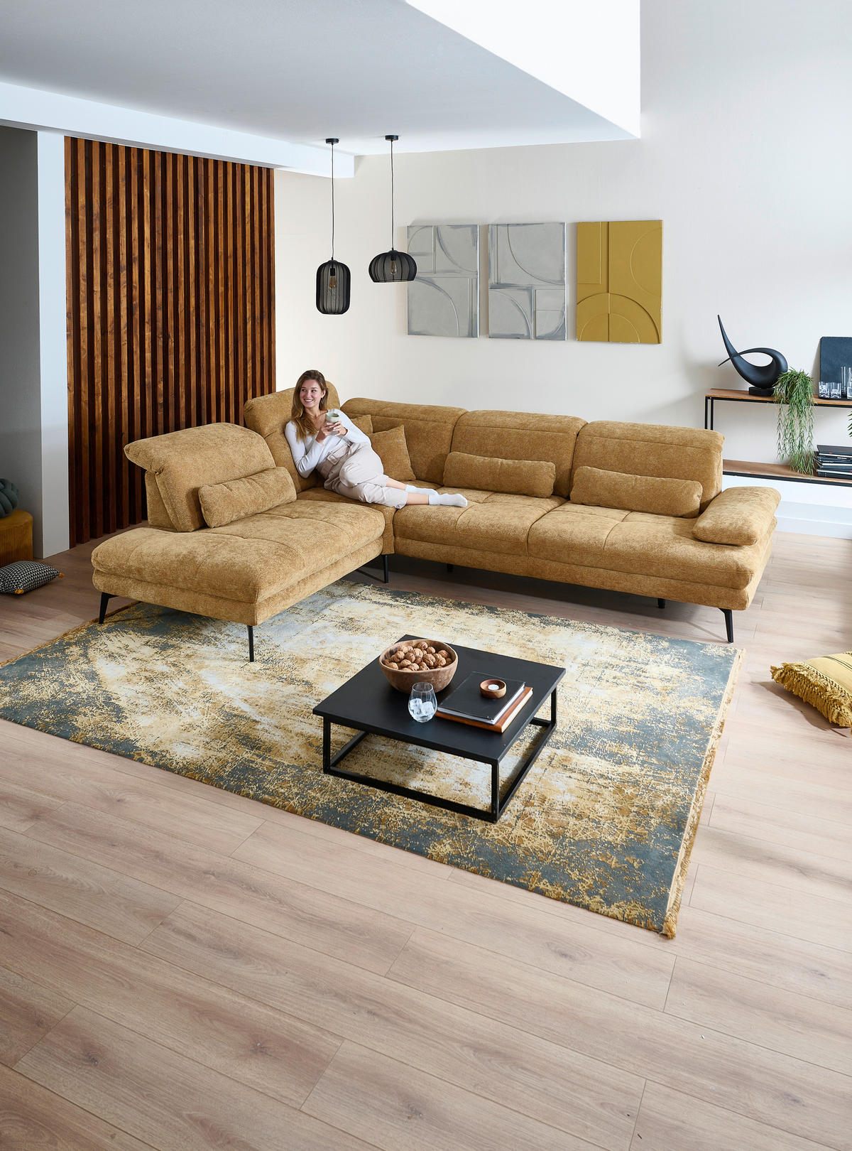 ECKSOFA Beldomo System Dunkelgelb Chenille Rücken echt, Kopfteilverstellung  - Dunkelgelb/Schwarz, Design, Textil/Metall (235/311cm) - Beldomo System