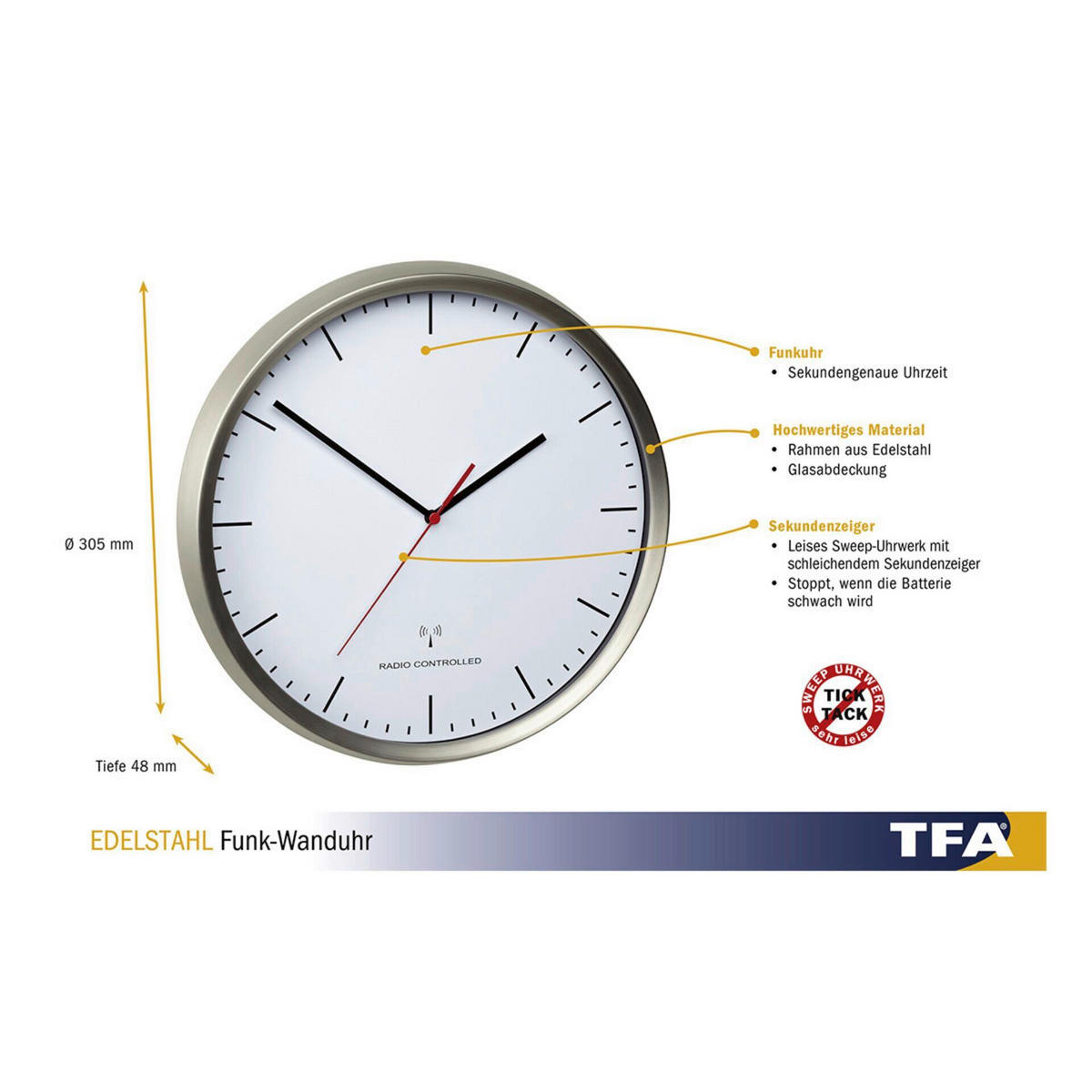 WANDUHR  Weiß, Edelstahlfarben  - Edelstahlfarben/Weiß, Basics, Kunststoff/Metall (30,5/4,8/30,5cm)